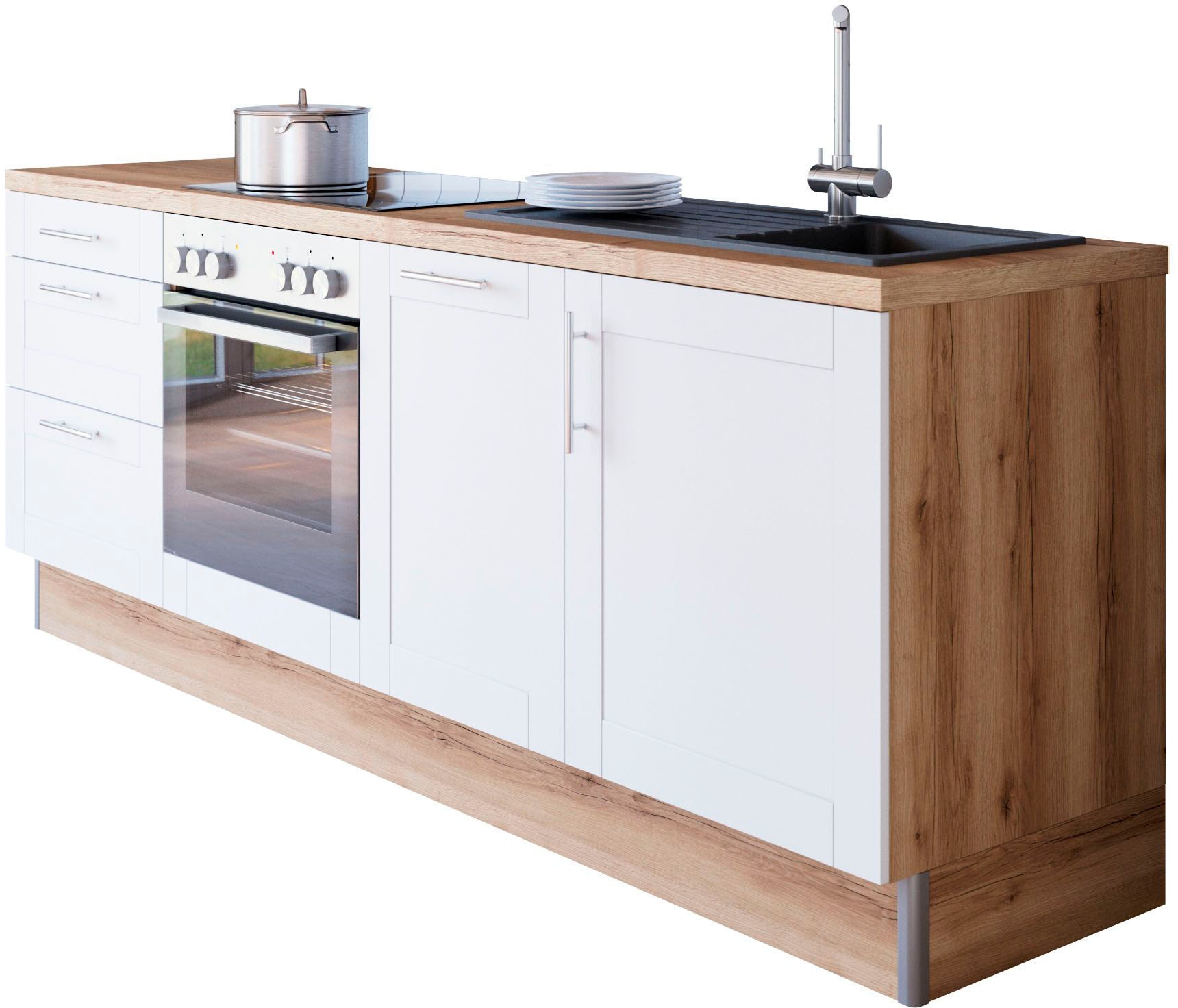 KOCHSTATION Küchenzeile »KS-Ahus«, 225 cm breit,wahlweise mit E-Geräten,Soft Close Funktion, MDF Fronten