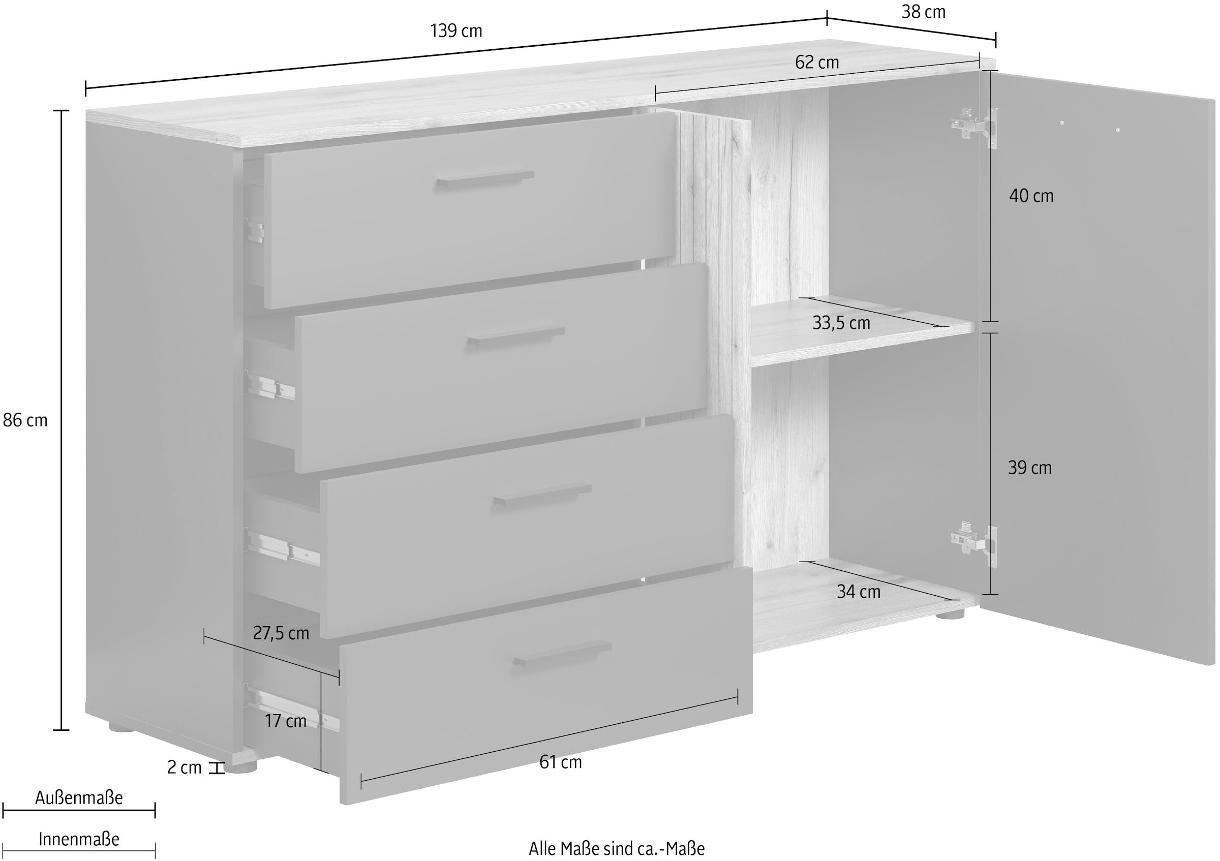 INOSIGN Kommode »Estepona« 1 Stk. tlg. Schubladenschrank in Rillenoptik mit Vollauszug-Funktion
