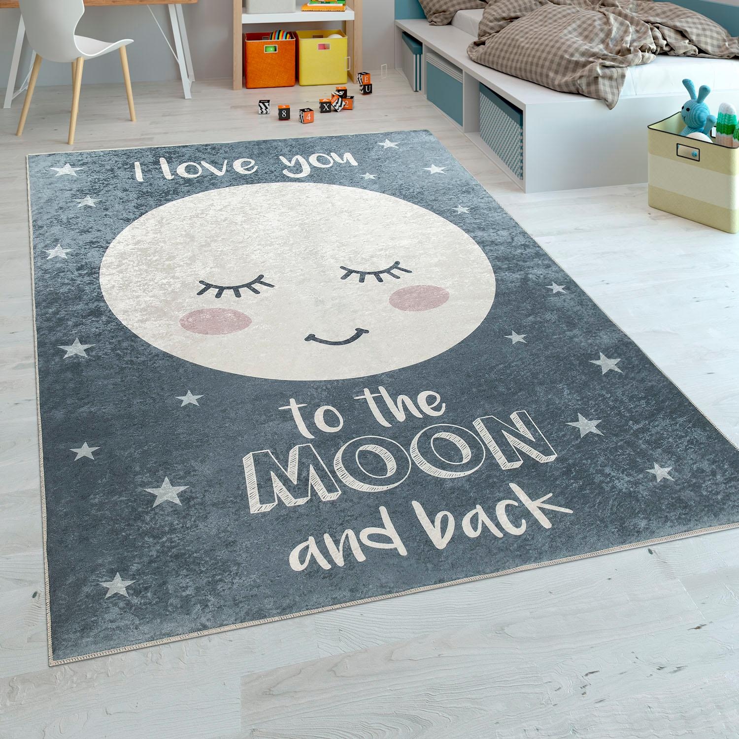 Paco Home Kinderteppich »Aleyna 103« rechteckig 6 mm Höhe Kinder Design, niedliches Mond Motiv mit Schriftzug, Kinderzimmer