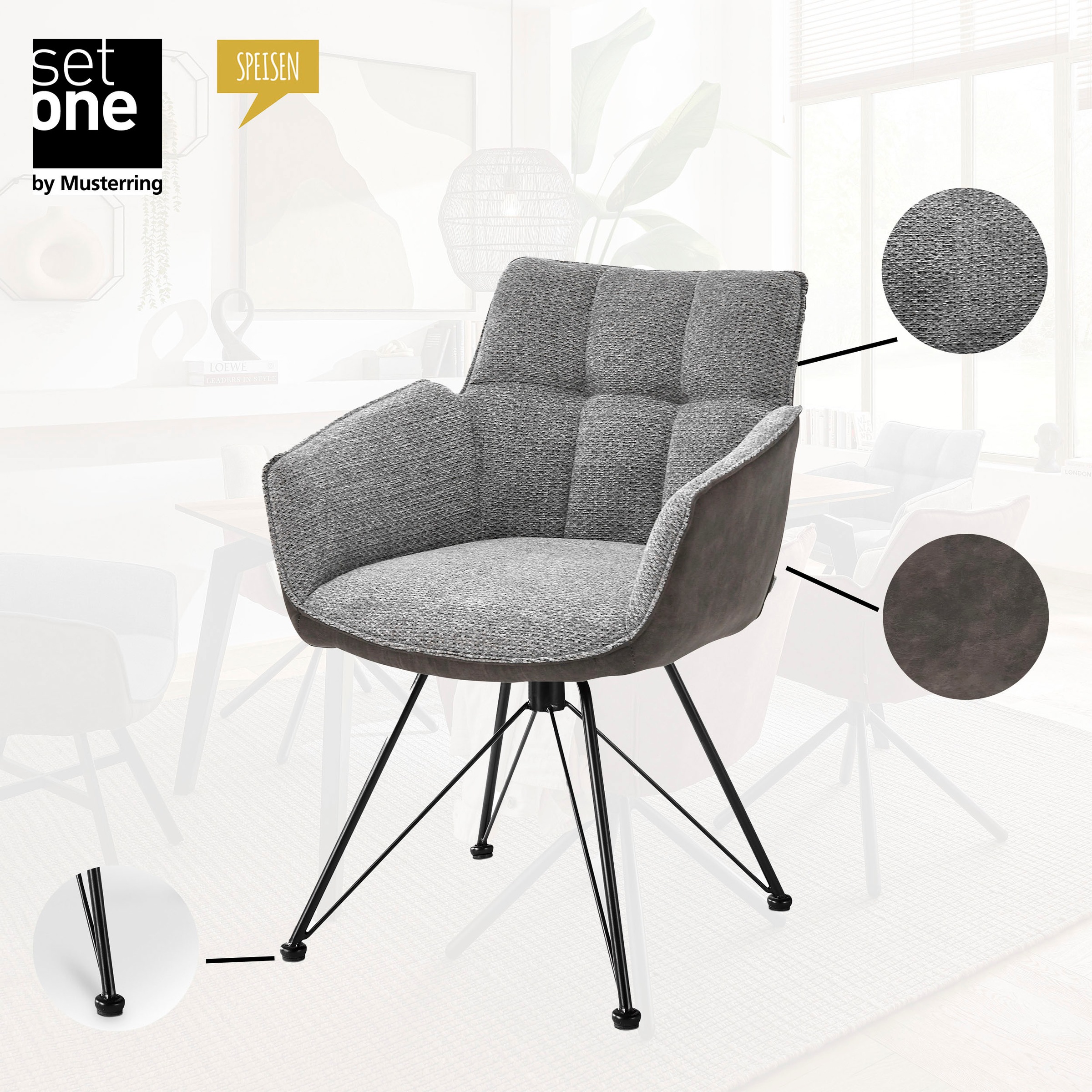 set one by Musterring Esszimmerstuhl »Frisco-B«, (Set), 2 St., Microfaser-Chenille, Bezug innen Chenille und außen Microfaser, Design-Gestell schwarz