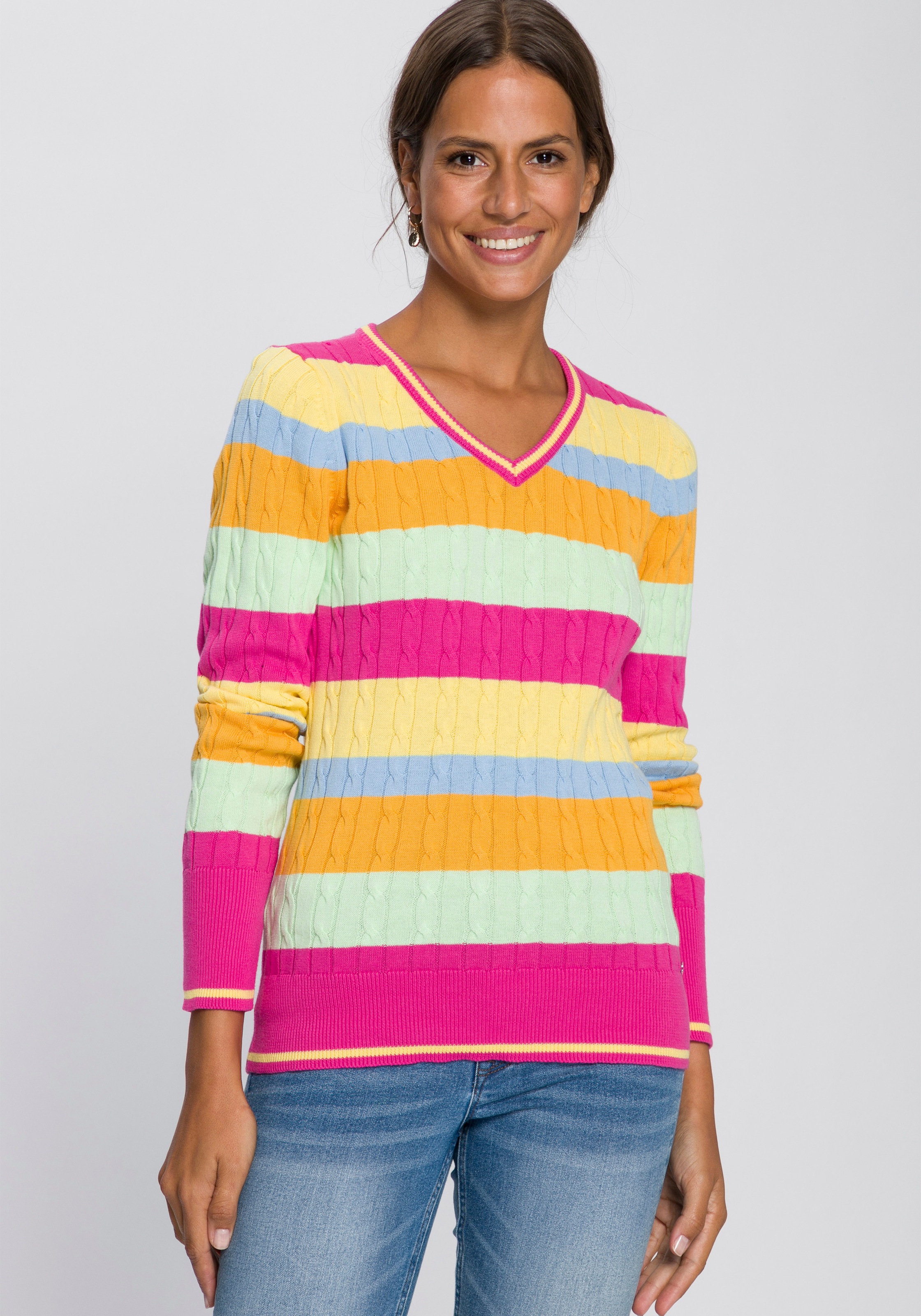TOM TAILOR Polo Team Streifenpullover, in sommerlichen Farbverlauf mit klassischem Zopfmuster - NEUE KOLLEKTION
