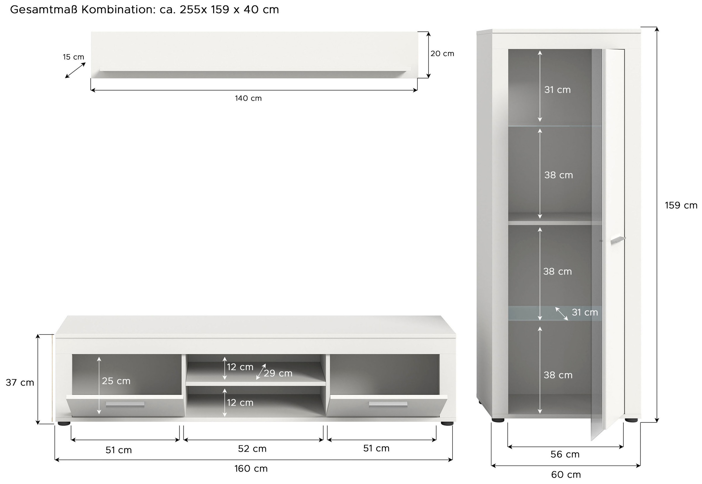 INOSIGN Wohnwand »Aosta, Breite 235cm, bestehend aus Lowboard, Wandboard, Vitrine«, (3 St.), Wohnwand, Kombination, Anbauwand, Möbel Set, Schrankwand, Möbel Kombi