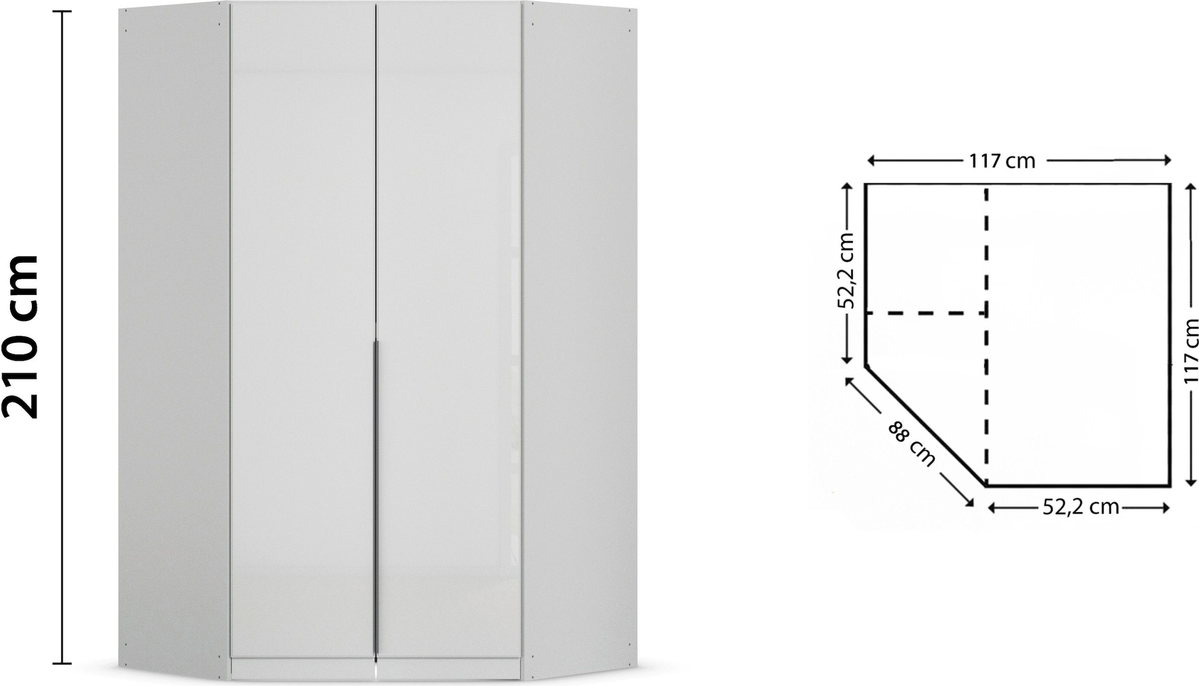 OTTO home Eckkleiderschrank »Kleiderschrank Schrank Ankleidezimmer Schlafzimmer Garderobe AGORDO« in zwei Griff-Farben, Breite/Tiefe 117x117 cm, Höhen 210/229 cm,  mit Glastüren, voll ausgestattet mit viel Stauraum MADE IN GERMANY