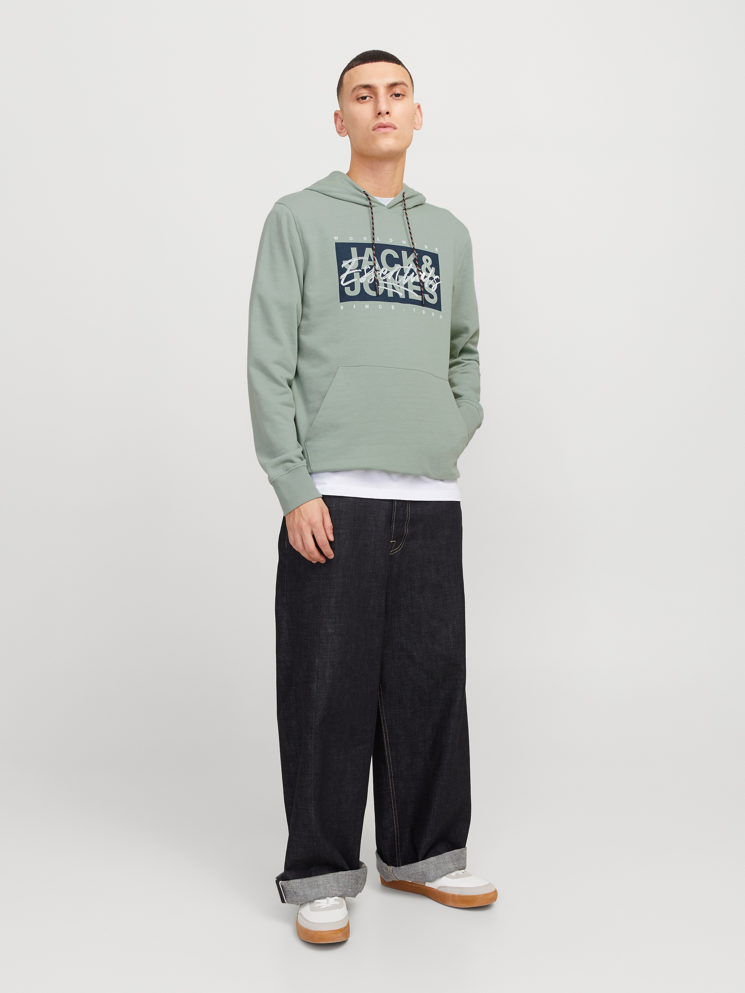 Jack & Jones Kapuzensweatshirt »JJCOLTON – Sweater mit Print, Regular Fit und Materialmix«, bedruckt, modisch, regular fit, angeraute Sweatware, Kapuze