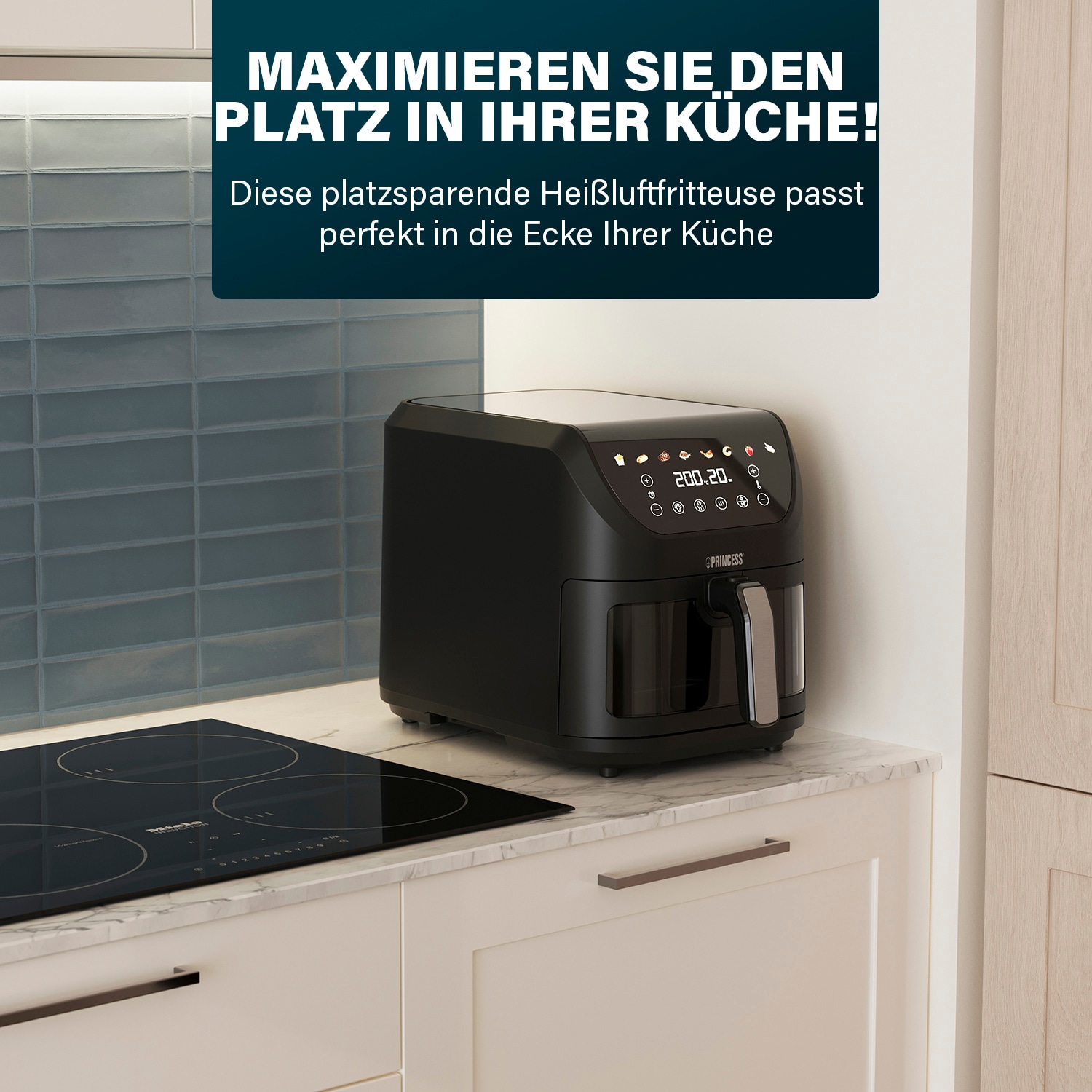 PRINCESS Heißluftfritteuse »182258 SlimFry Airfryer«, 2000 W, 8 L, platzsparendes Design, fettfreie Kochtechn., 8 Progr., 55dB leise