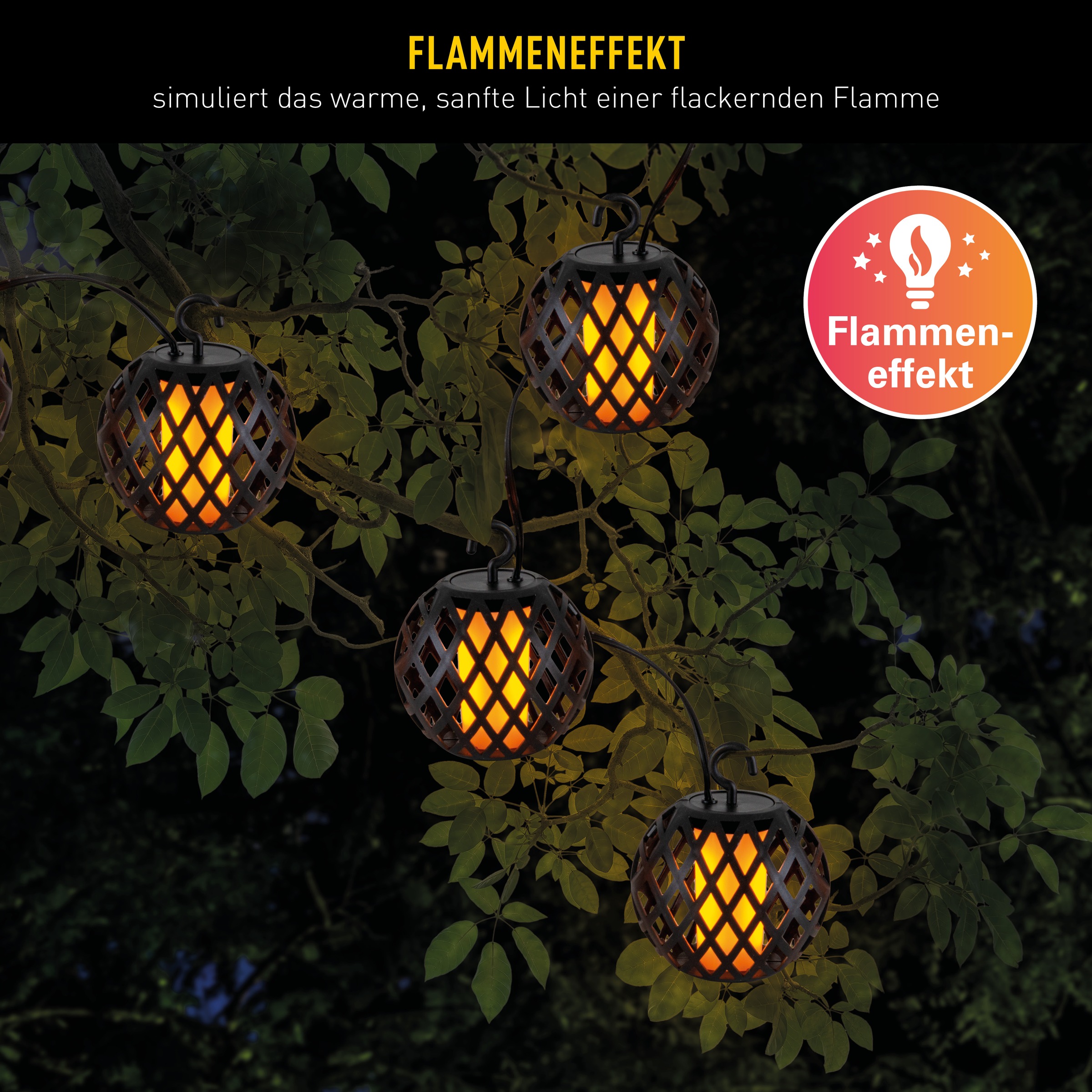 näve LED Solarleuchte »Fogo« LED-Modul 1 Stk. Warmweiß Lichterkette,10 Kugeln, Flammeneffekt, Dämmerungssensor, LED warmweiß