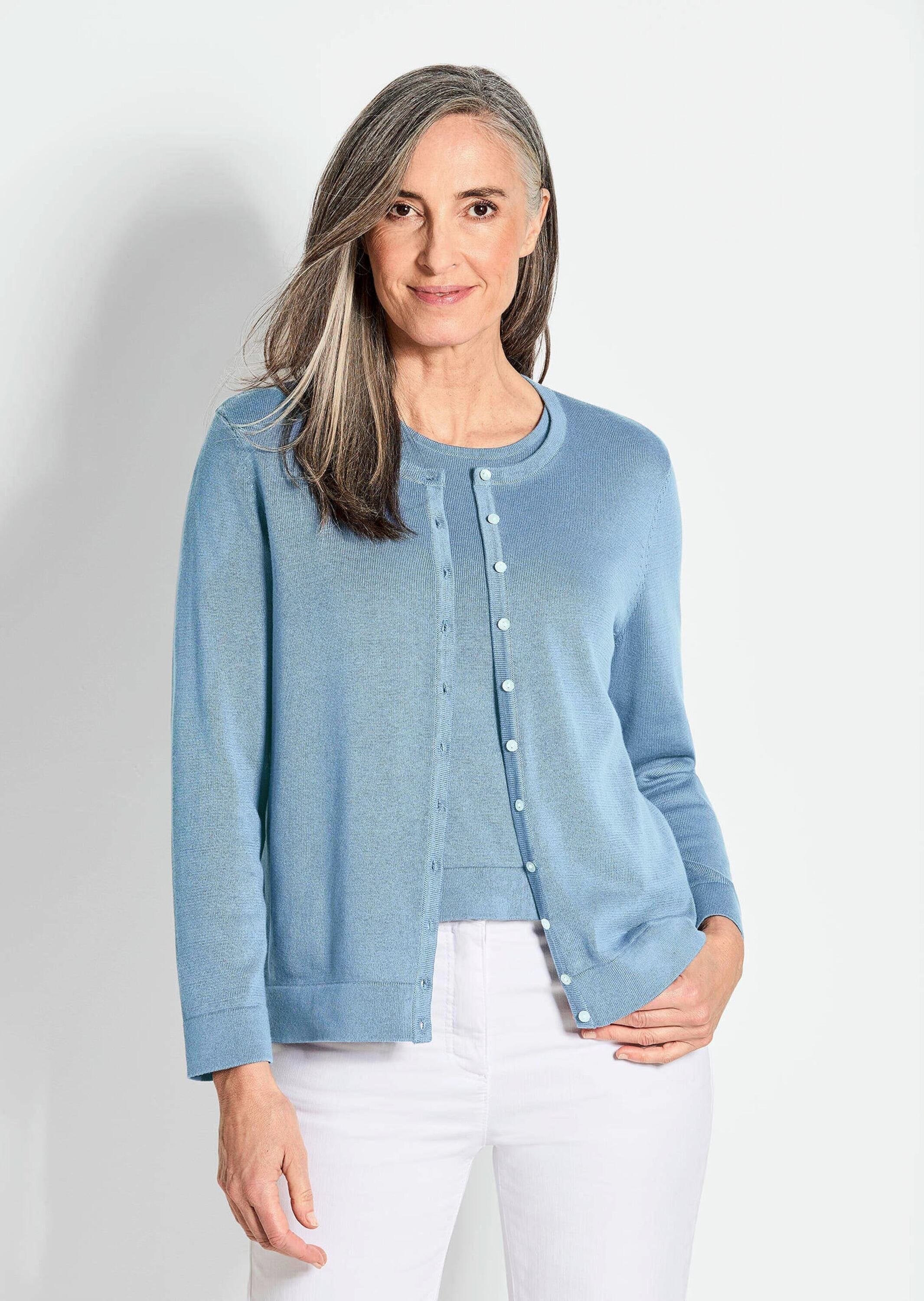 GOLDNER Strickpullover »Kurzgröße Figurnahes Twin-Set aus Pima-Baumwolle«