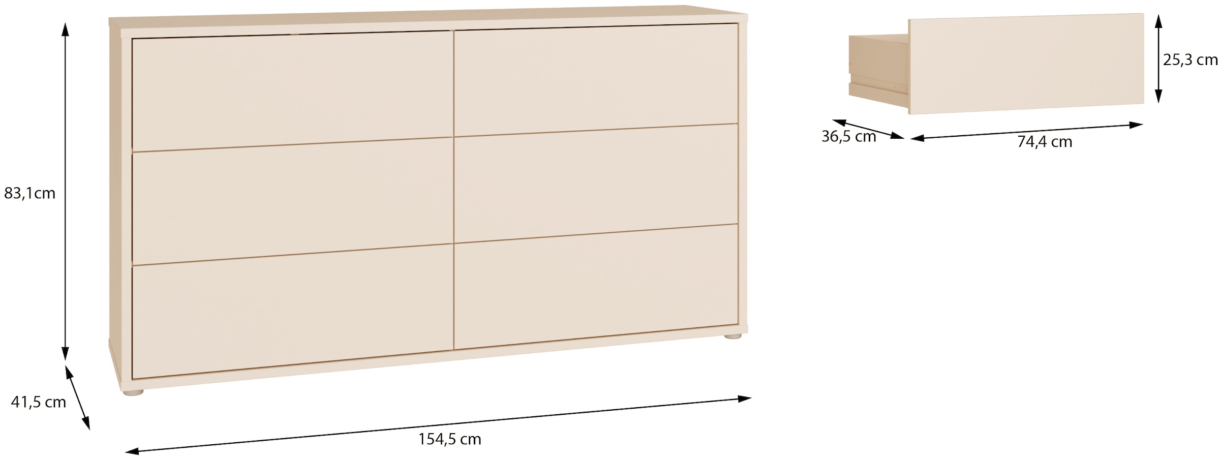 FORTE Sideboard »Alice Springs, Kommode mit 6 Schubkästen, Breite 154,5cm« Schubkästen mit Vollauszug, grifflos,Push to open , Stauraum