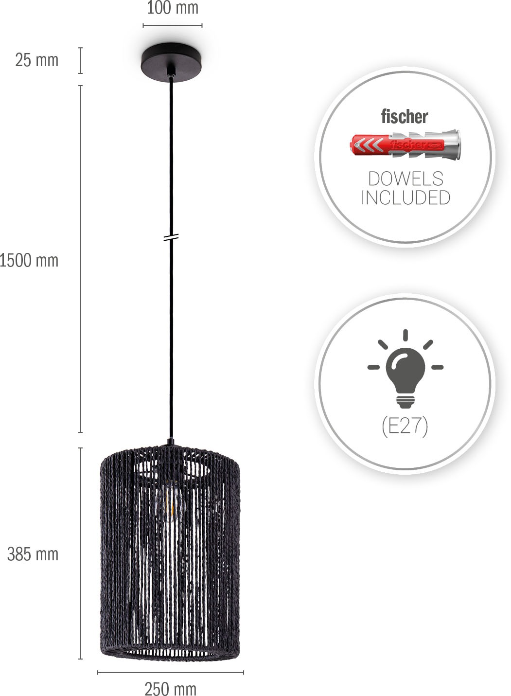 Paco Home Pendelleuchte »Hugo Ricarda«, Leuchtmittel E27 | ohne Leuchtmittel, Wohnzimmer Esszimmer Rattan Optik Boho Lampenschirm Papier Rund