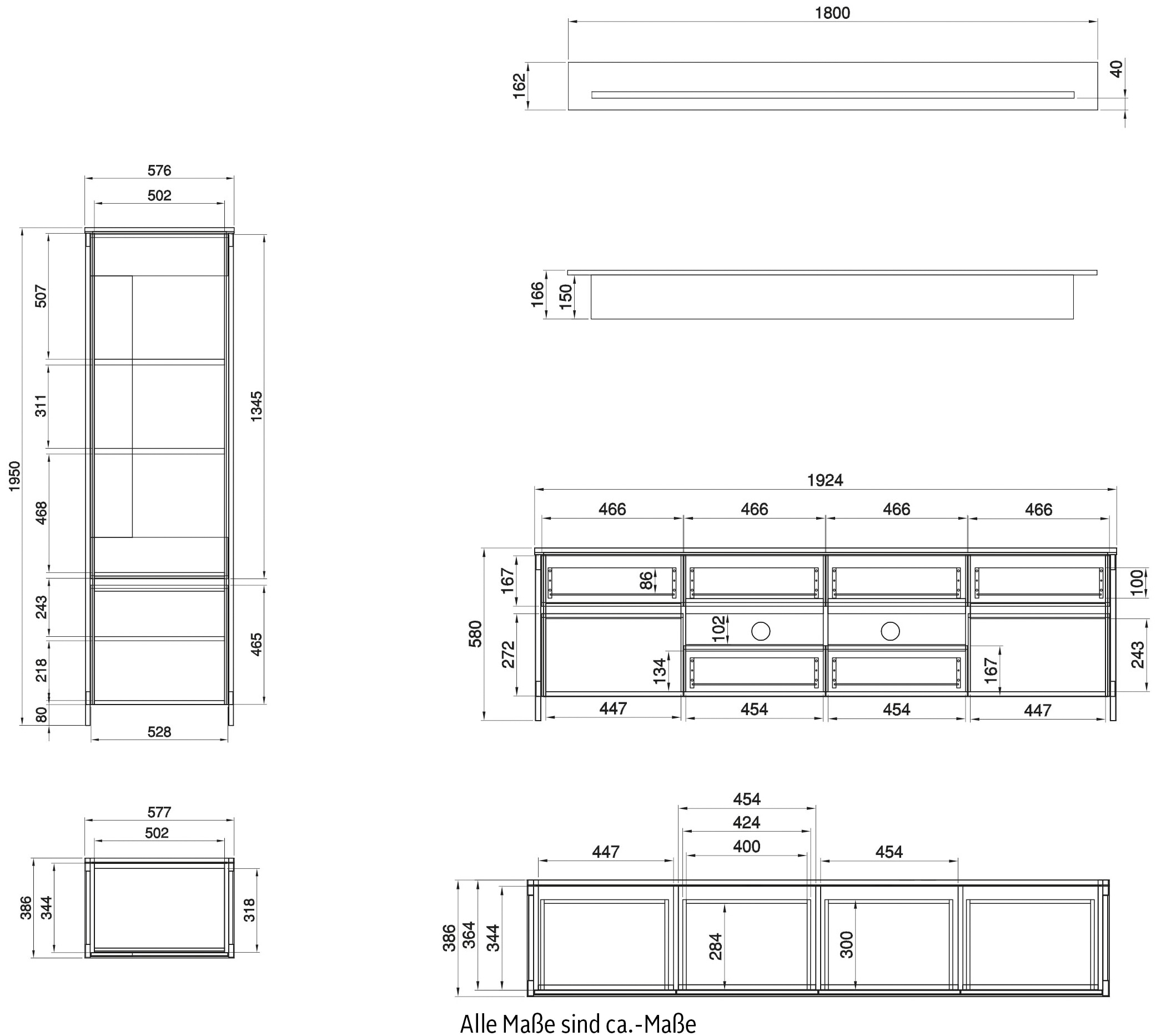 Home affaire Wohnwand »Stranda, moderne Anbauwand, Komplettset im Scandi-Style«, (4 St.), enthält zwei Vitrinen, Lowboard und Wandboard, 344 cm breit