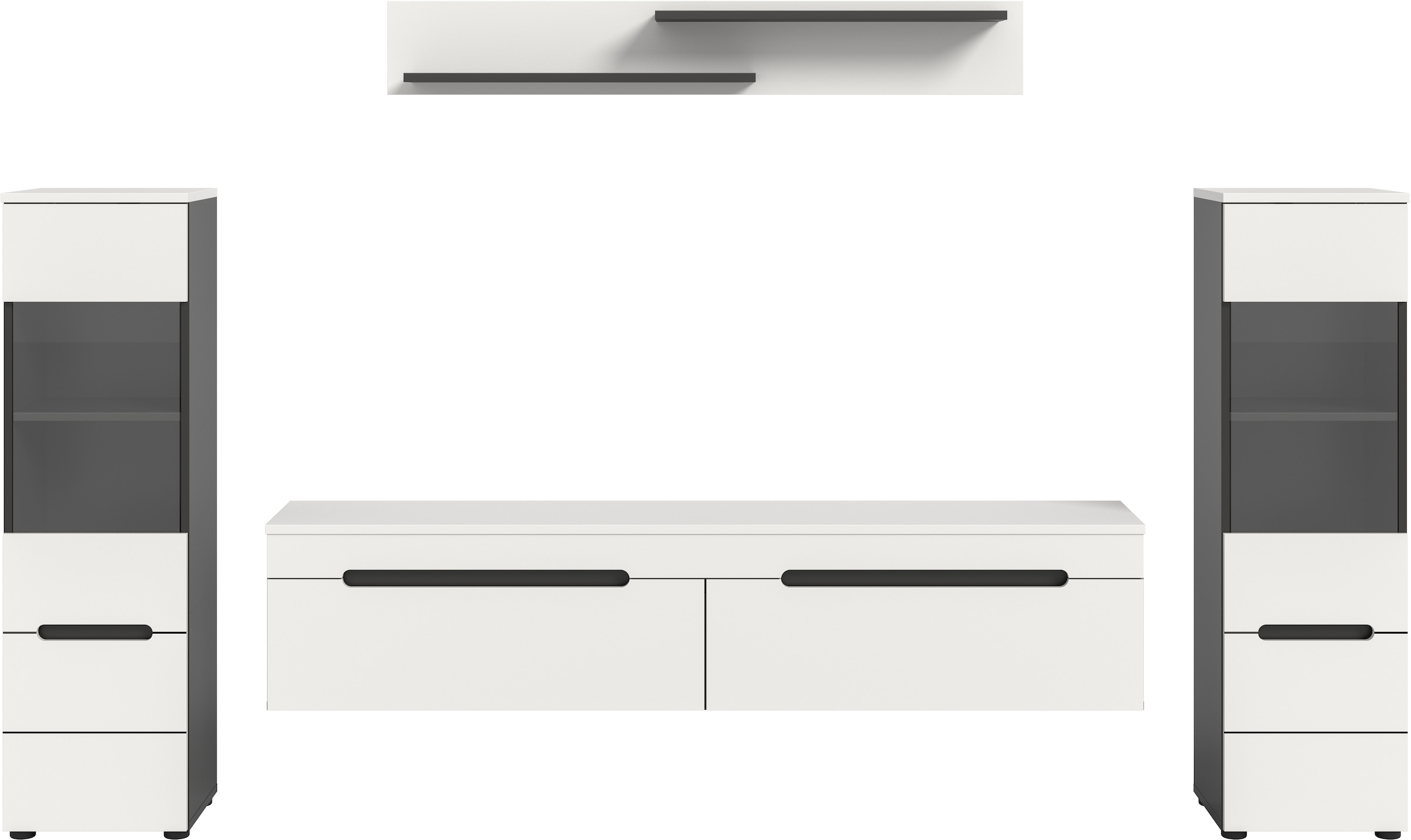 Home affaire Wohnwand »REHAT, TOPSELLER!, 4-teilig, wahlweise stehend und hängend montierbar« Set bestehend aus: 2x Vitrine, Lowboard und Wandboard, 3 Stk. tlg.