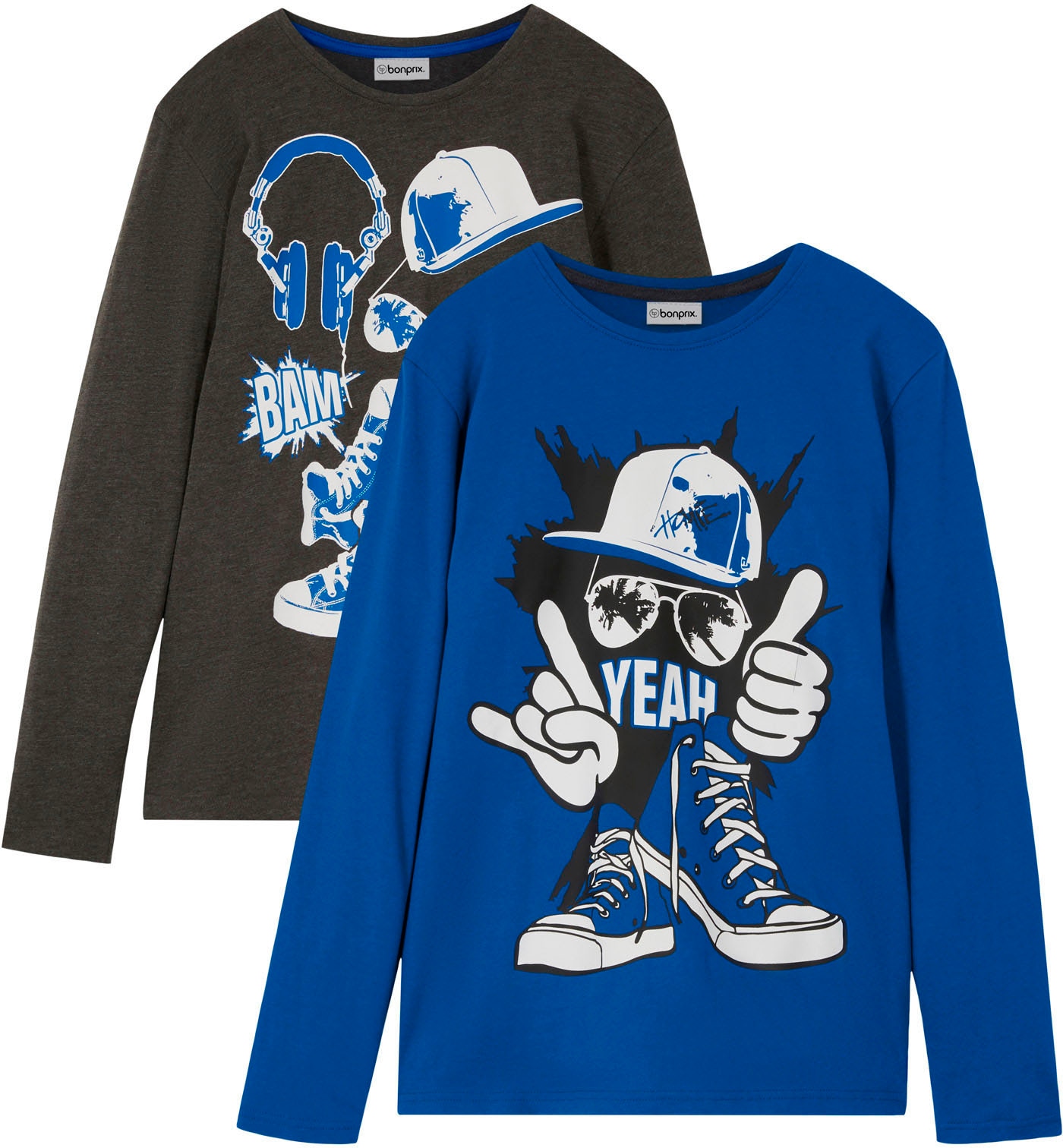 bonprix Langarmshirt Packung, 2 tlg. bequeme Passform, mit großflächigem Print, für Schule und Freizeit