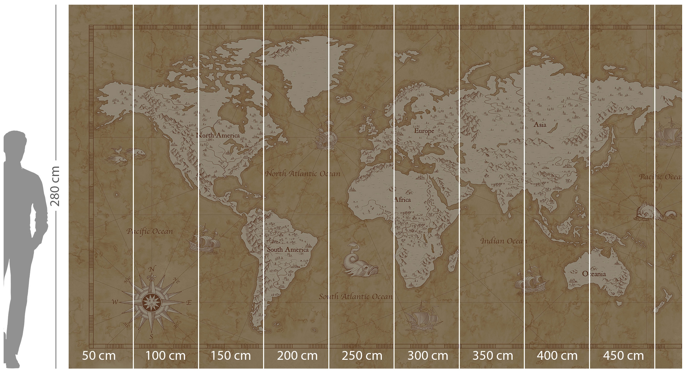 Komar Vliestapete »Digitaldruck Vlies - Vintage World Map - Größe 500 x 280 cm«, bedruckt, Kinderzimmer