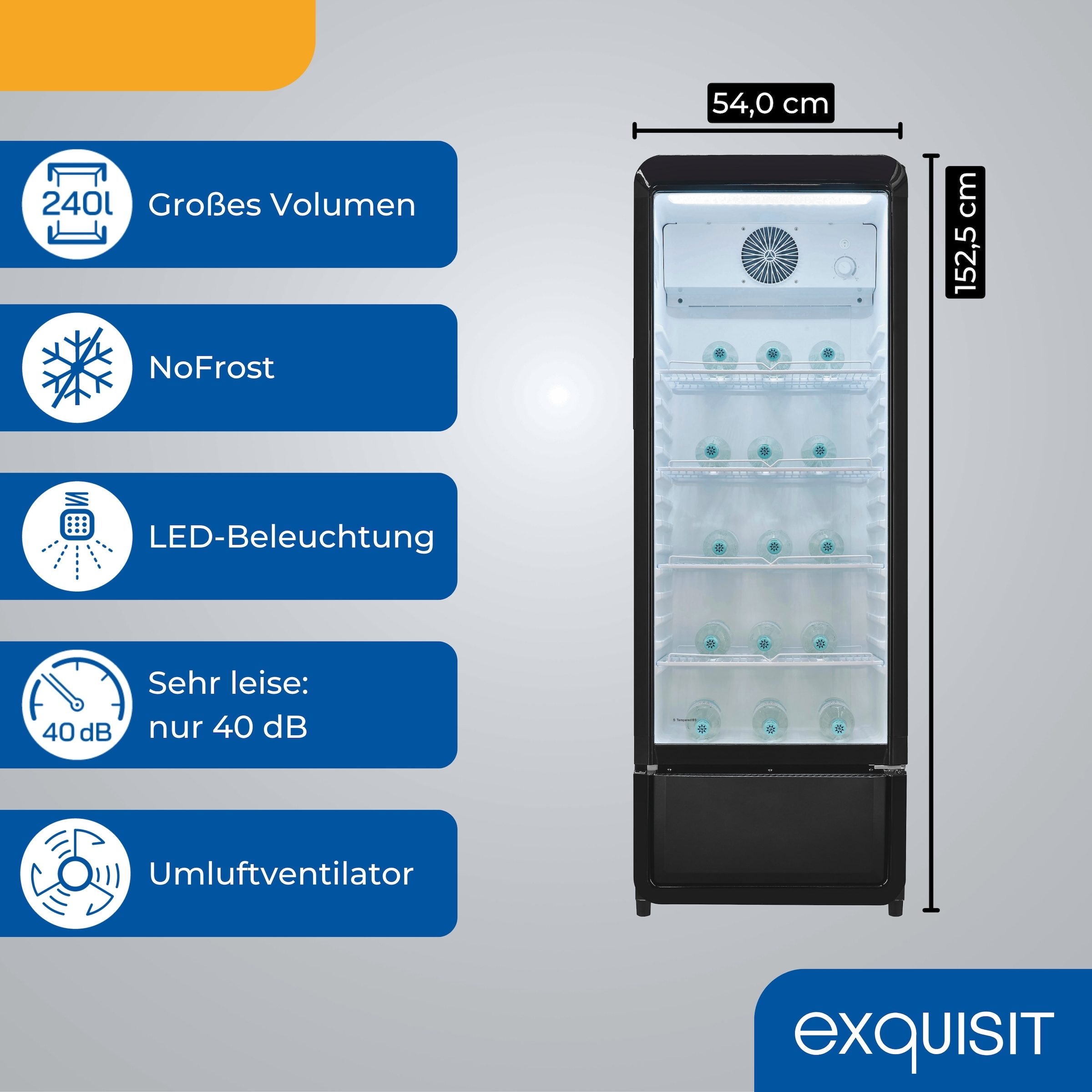 exquisit Getränkekühlschrank GKS220-GT-431D schwarz »GKS220-GT-431D schwarz« 152,5 cm hoch 54 cm breit PAlles auf einen Blick dank Isolierglastür und übersichtliche Lagerung