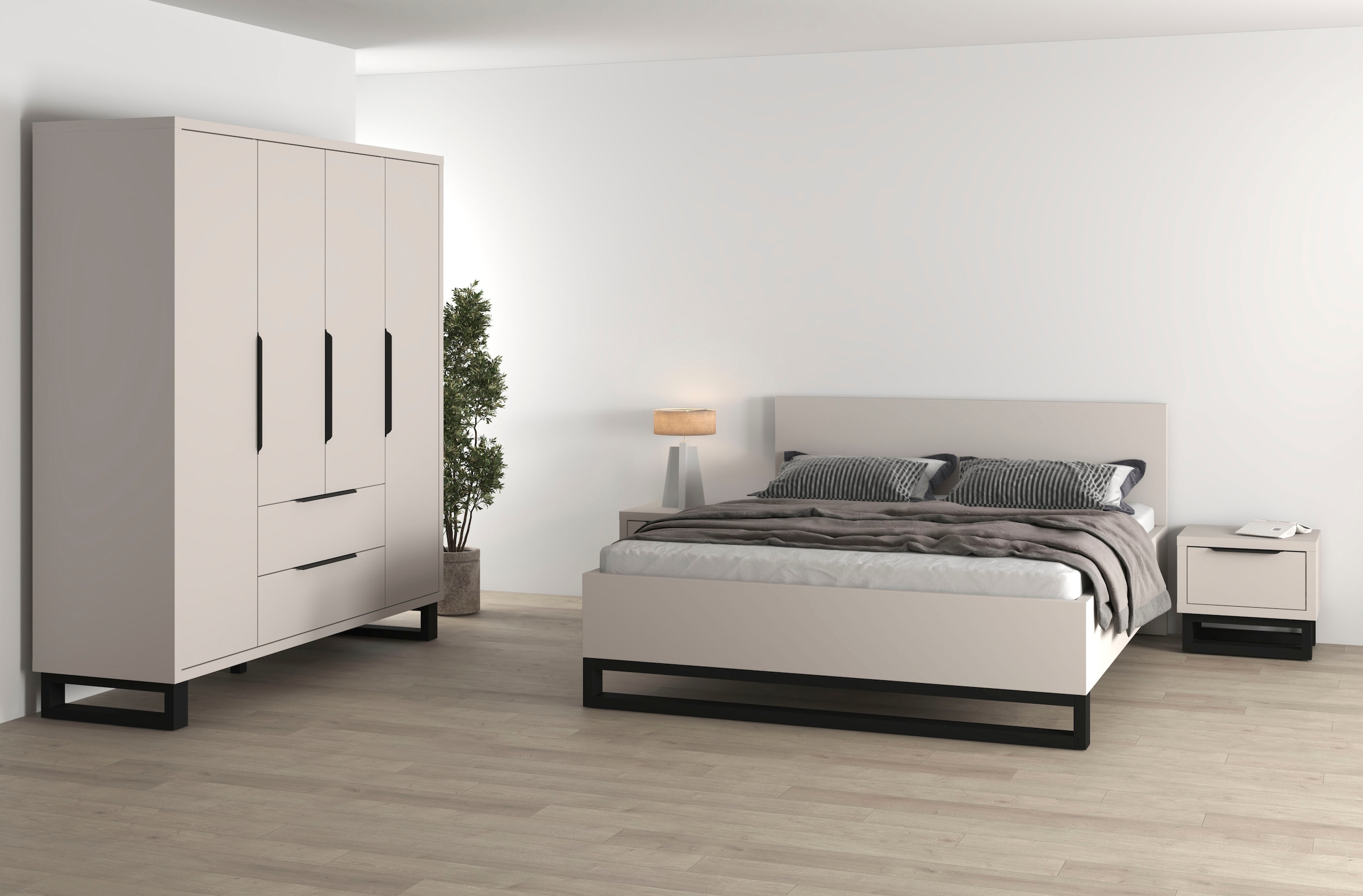 Home affaire Schlafzimmer-Set »Bronne,Komplettschlafzimmer (Set,4-St)« 4 tlg. Schlafzimmer-Set,Schrank 4Trg 2xNako, Bett180/200, Kufen Metalloptik