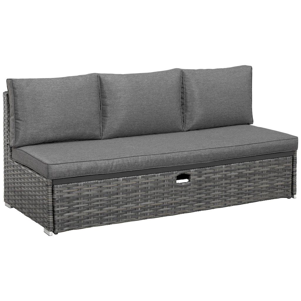 KONIFERA Gartenlounge-Set »New York«, (21 tlg., 1x 3er AZ-Sofa, 1x Ecke, 1x Sessel, 1x Ottomane mit Staufach, 1x Tisch), Tisch 110x65 cm, Aluminium,Polyrattan,individuell stellbar,10 Personen