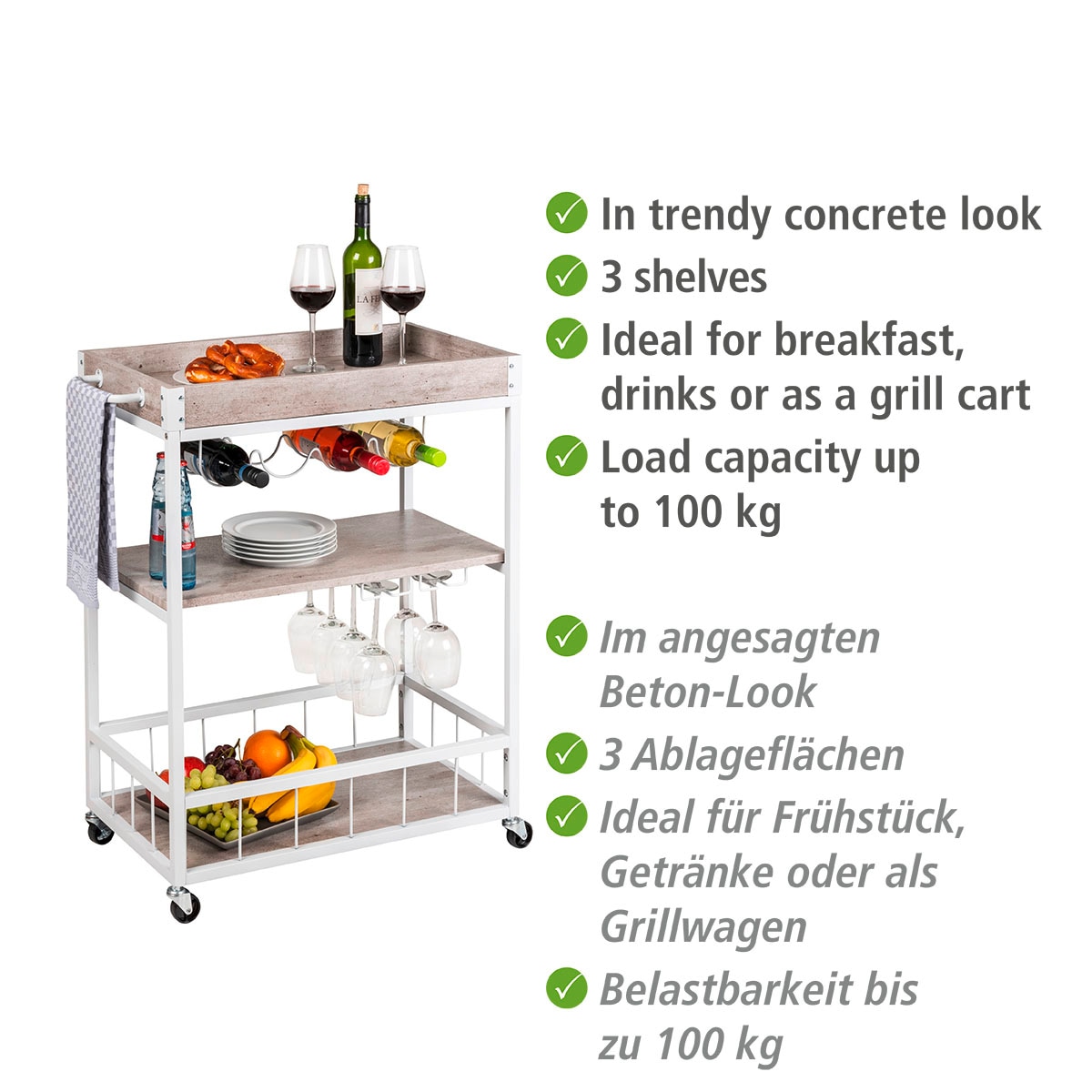 WENKO Küchenwagen »Rustico«, beton/weiß, im Online mit Flaschenhalter Shop OTTO