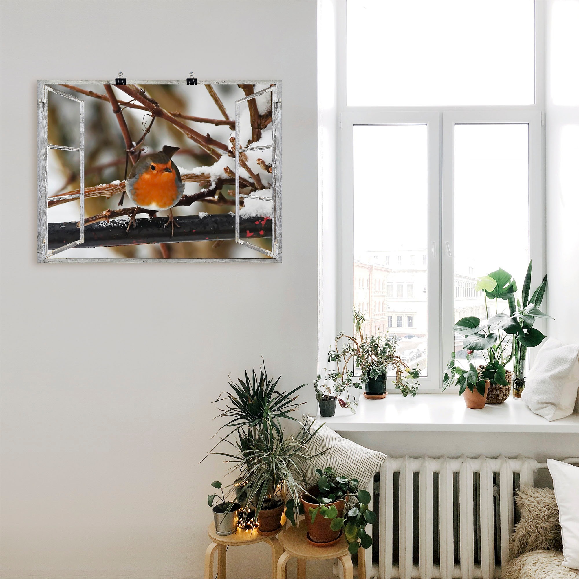 Artland Wandbild »Fensterbild - Rotkehlchen«, Vögel, (1 St.), als Poster, Wandaufkleber in verschied. Größen