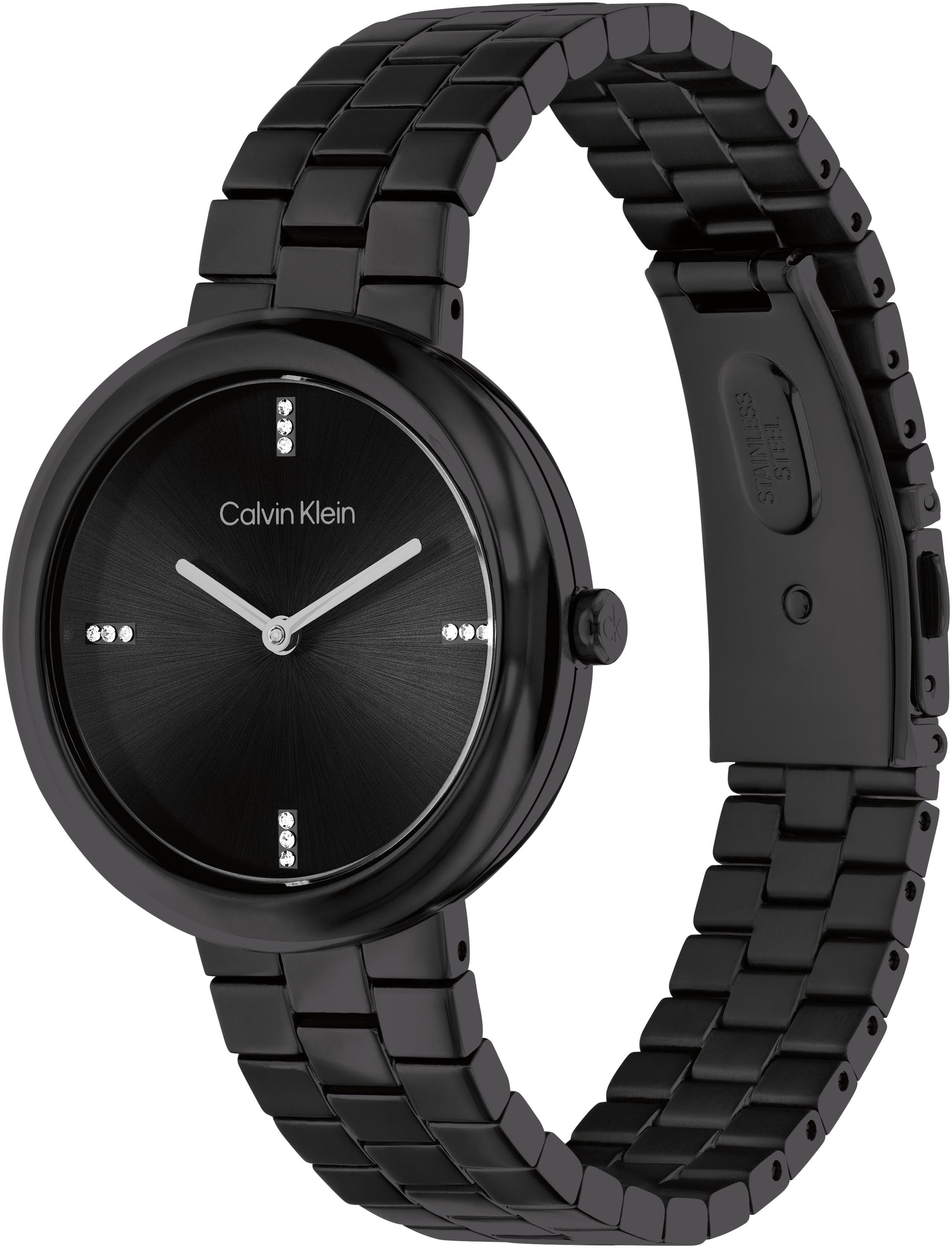 Calvin Klein Quarzuhr »Twisted Bezel« Armbanduhr, Damenuhr, Edelstahlarmband, analog, Glassteine