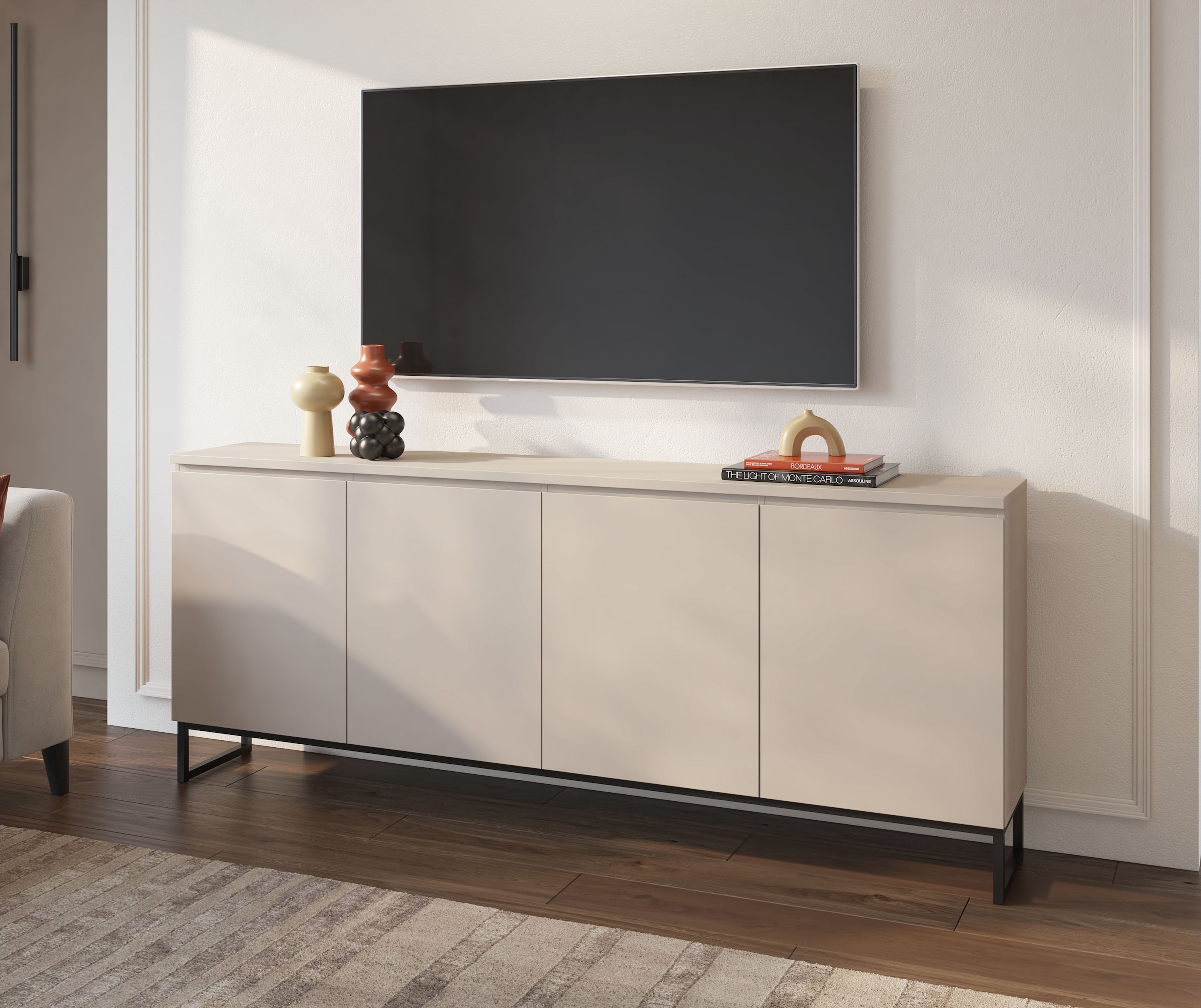 OTTO home Sideboard »Modo II, Breite 200 cm, moderne grifflose Kommode 4Türen« Anrichte mit viel Stauraum, Einlegeböden verstellbar, Metallkufen