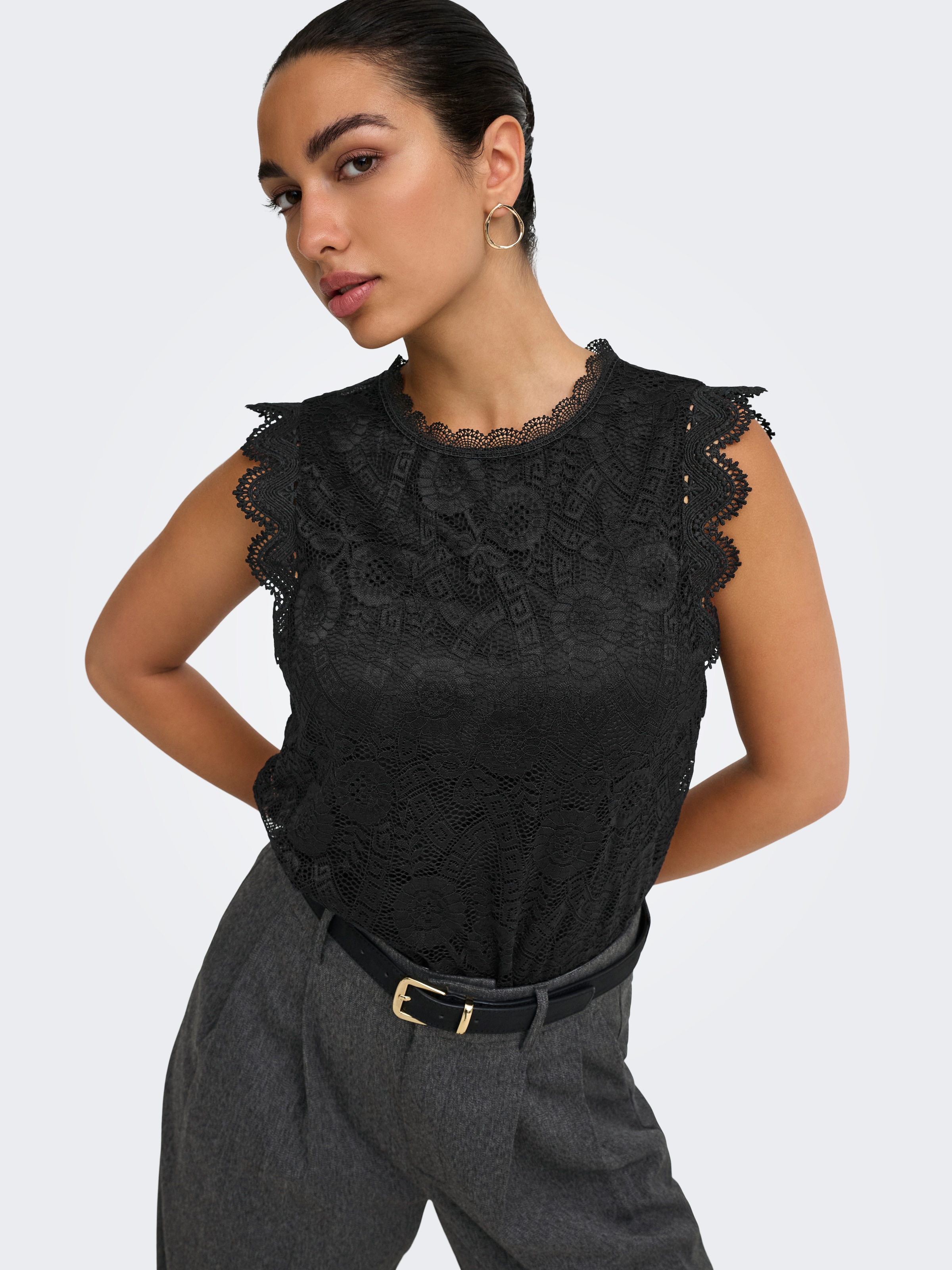 ONLY Spitzentop »ONLSINE S/L LACE TOP CS JRS« Materialmix, regular fit, Rundhals