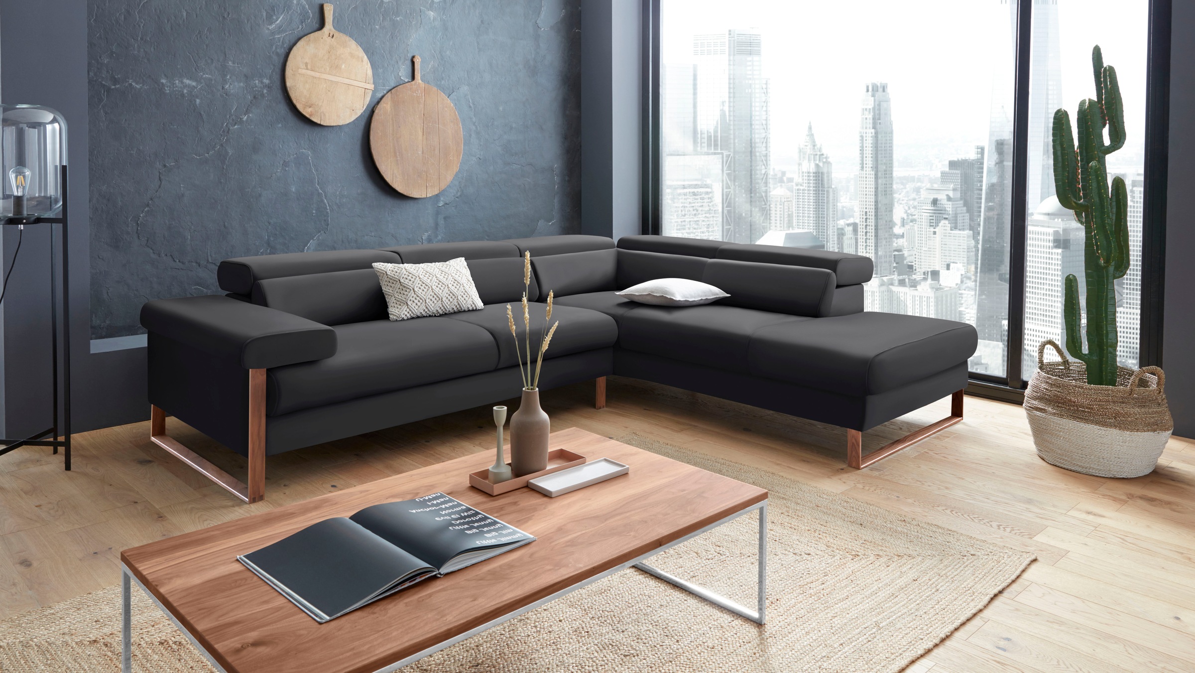 W.SCHILLIG Ecksofa »finn, Designsofa mit tollem Sitzkomfort, bequem, L-Form«, German Design Award 2016, Fußgestell Nussbaum natur, Breite 281 cm