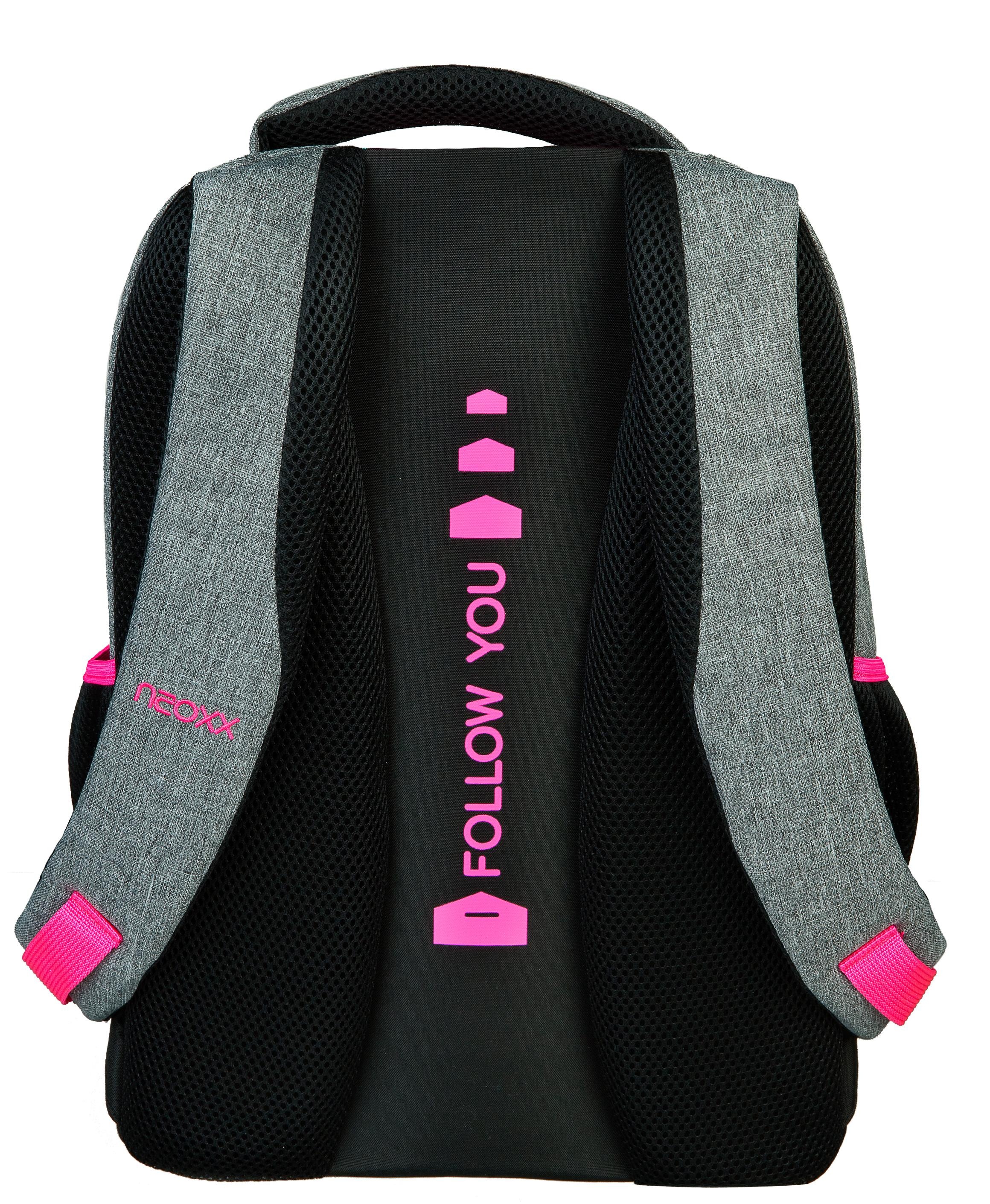 neoxx Schulrucksack »Pink and Famous«, Reflektionsnaht, aus recycelten PET-Flaschen