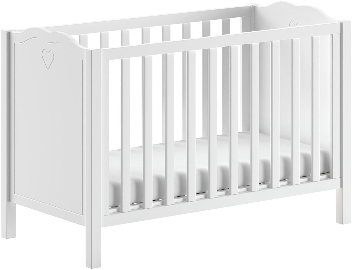 Vipack Babybett »Amori 60/120 mit verstellbarem Lattenrost, sehr stabil gebaut«, mit geschwungenem Kopfteil und Herz Ornament, weiß lackiert