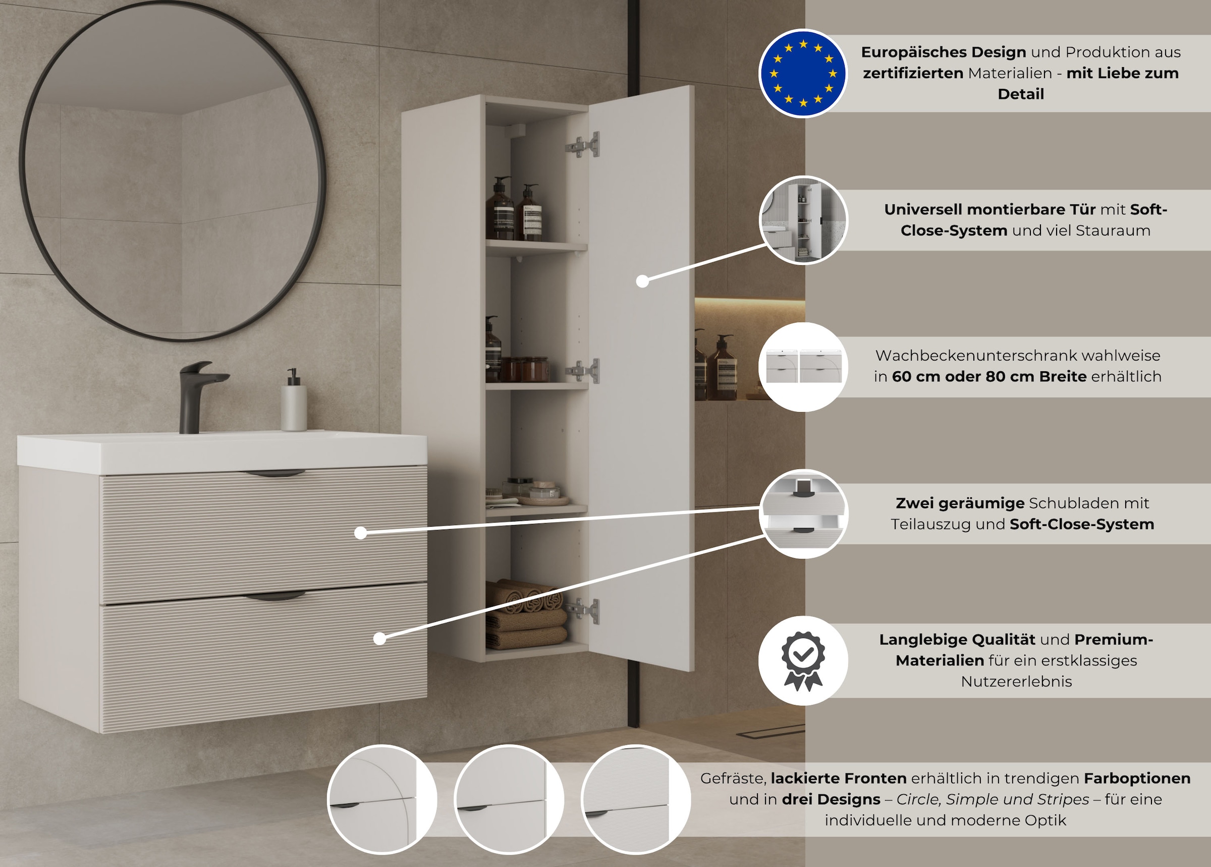 welltime Hängeschrank »FLOW SIMPLE rechts/links montierbar, Breite 35 cm, modernes Design« Schrank mit 3 Einlegeböden, Push-to-open-Function