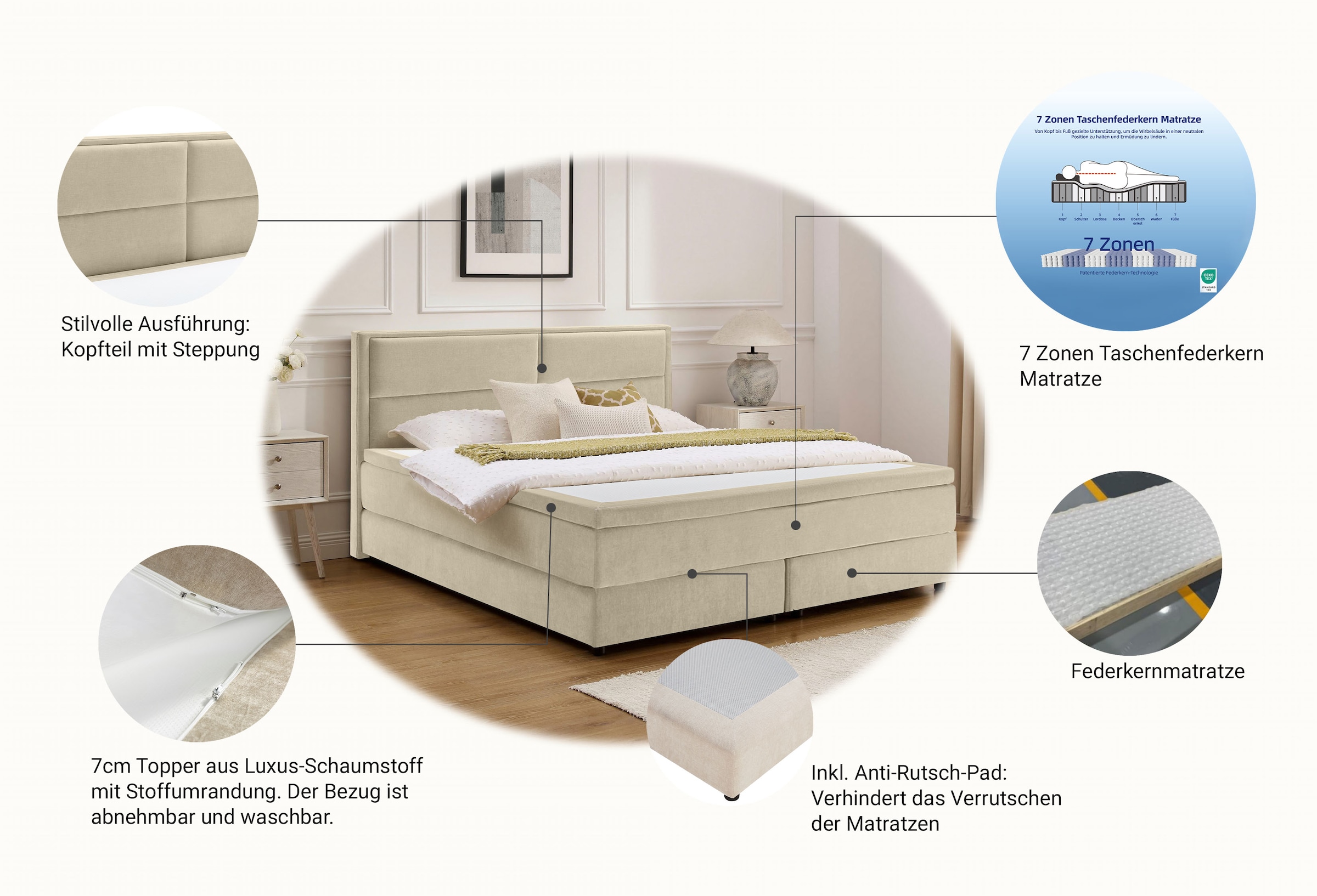 OTTO home Boxspringbett »VIVIANNE, Polsterbett mit 7-Zonen-Taschenfederkernmatratze H3« inkl. 7 cm Komfortschaum-Topper, Chenille-Bezug, 140- oder 180x200 cm