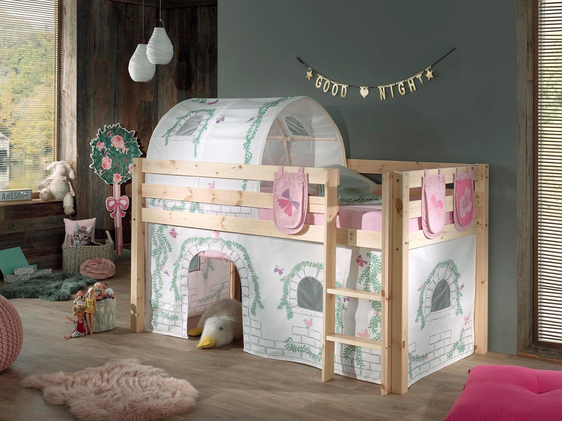 Vipack Hochbett »Pino, Spielbett massiv Kiefer, stabil gebaut, 3 Korpusfarben zur Wahl«, (inkl. Rolllattenrost, Leiter und Absturzschutz, mit oder ohne Rutsche), Textil-Set "Astronaut", inkl. Vorhang, mit oder ohne Tunnel