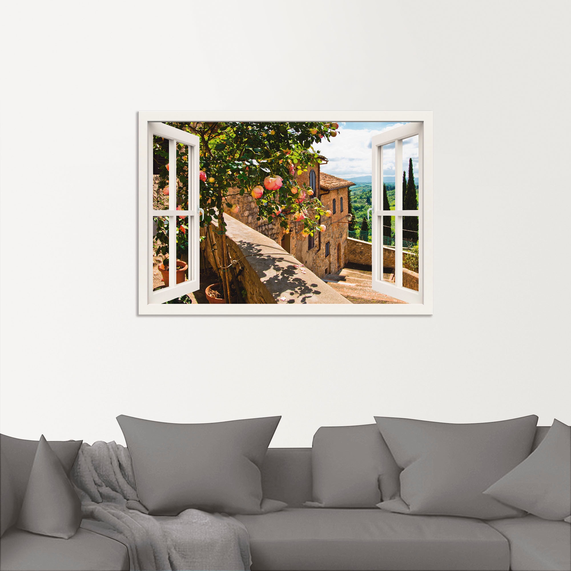 Artland Wandbild »Fensterblick Rosen auf Balkon Toskana«, Garten, (1 St.), als Alubild, Outdoorbild, Leinwandbild, Poster, Wandaufkleber