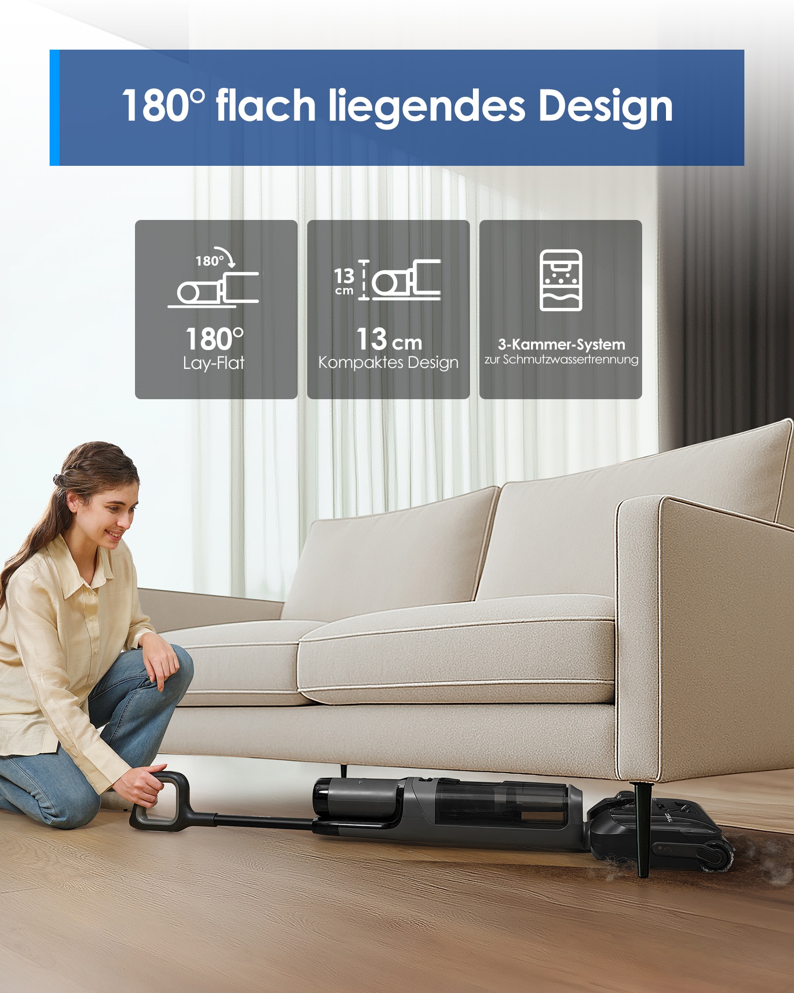 Tineco Nass-Trocken-Sauger »FLOOR ONE i6 Stretch Plus, 85° Grad Heißluft-Trocknung«, 40 Min Akku, 180° Grad Stretch Neigung, Anti-Allergiker