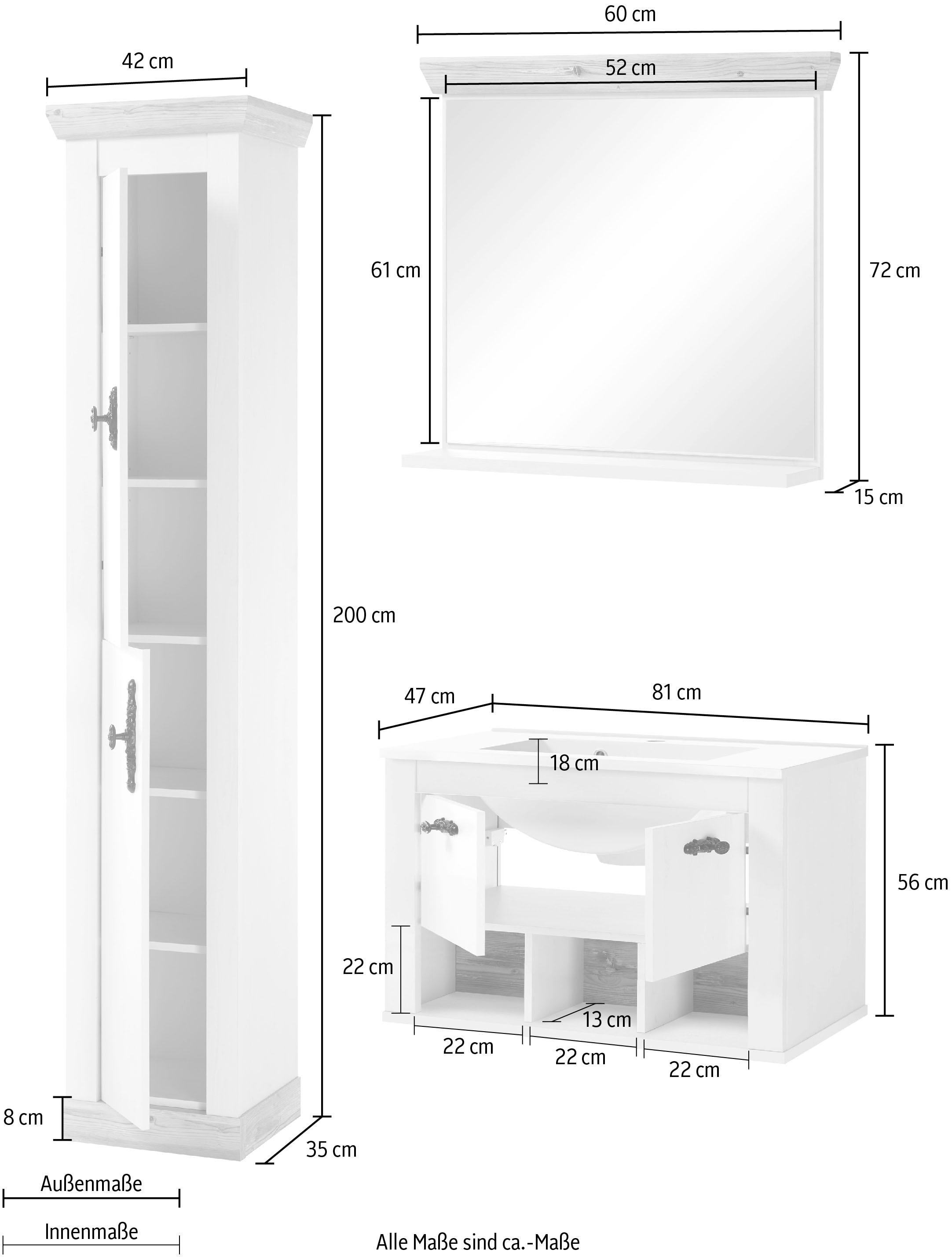 Home affaire Badmöbel-Set »Florenz, Bad im Landhausstil, 3-teiliges Badezimmer«, (3 St.), Hänge-Waschtisch, Schrank und Spiegel, in Pinie Weiß, Stauraum