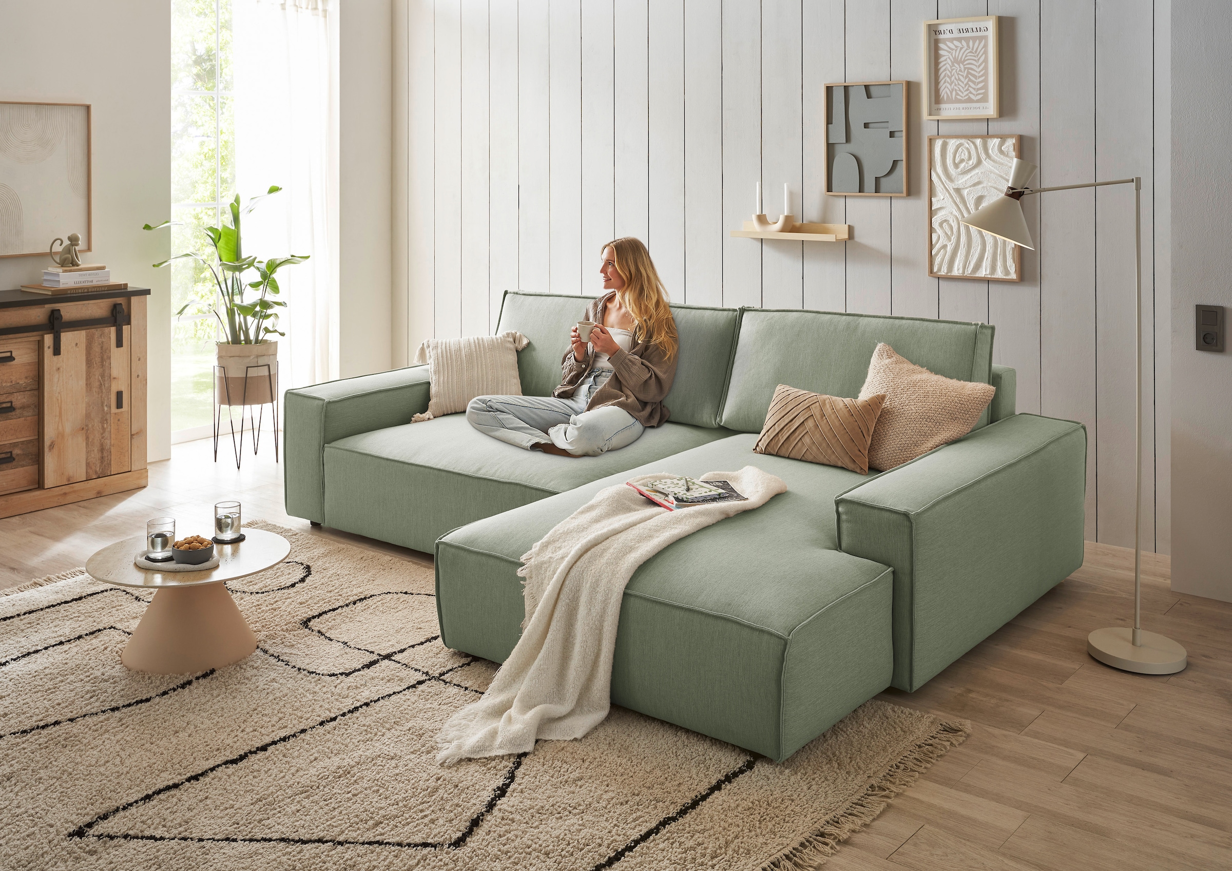 Home affaire Ecksofa »NEU: SHERWOOD XXL 284, Big-Sofa L-Form, tiefe Sitzfläche 95 cm, Cord«, Recamiere rechts/links, als Schlafsofa stellbar, Cord u. Leinenoptik
