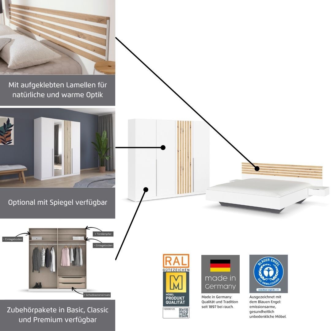 rauch Schlafzimmer-Set »Komplettzimmer Komplett Set Schrank 226 cm Bett 160/180 cm LAMELLA« Set, 3 verschiedene Ausstattungen, inkl. SOFT-CLOSE, 4 tlg. tlg.