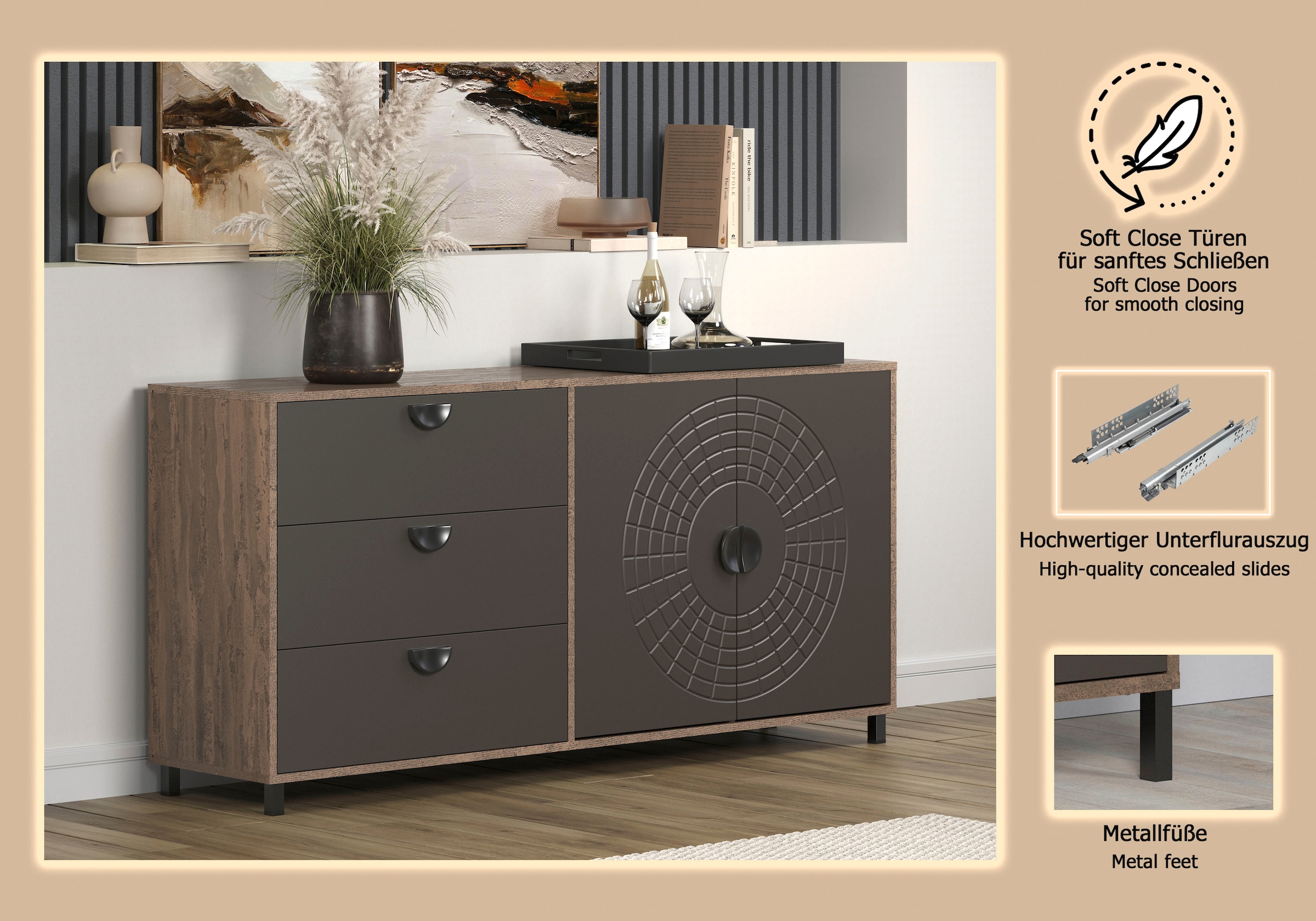 INOSIGN Sideboard »Fusion« 1 Stk. tlg. Kommode mit markantem Kreismuster - Antikoptik - (B/T/H) 176/42/86 cm
