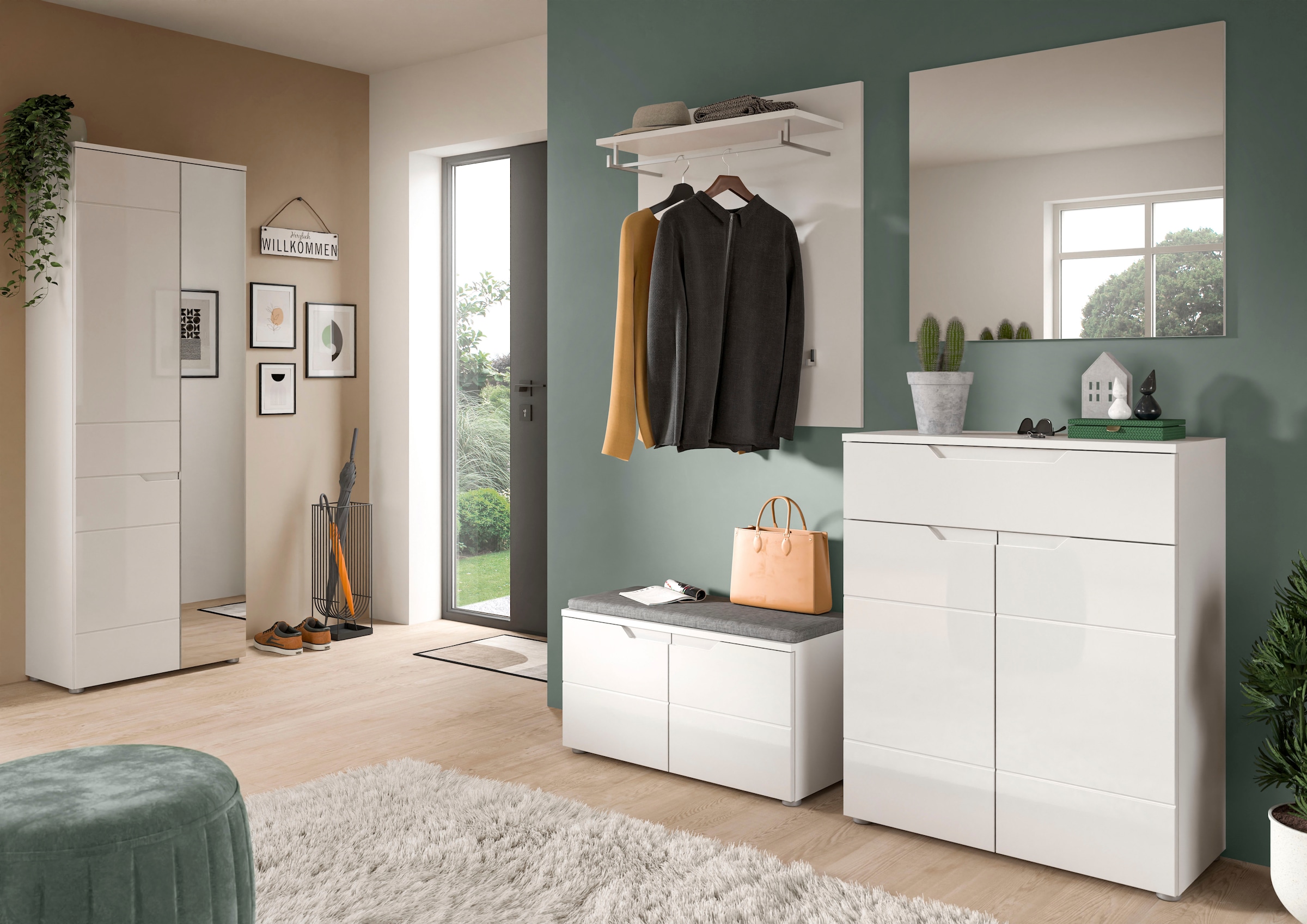 INOSIGN Garderoben-Set »CAPRI, 5-teilig, mit eingefasster Griffmulde, bestehend aus:«, (5 St.), Garderobenschrank, Sitzbank, Garderobenpaneel, Schuhkommode, Spiegel
