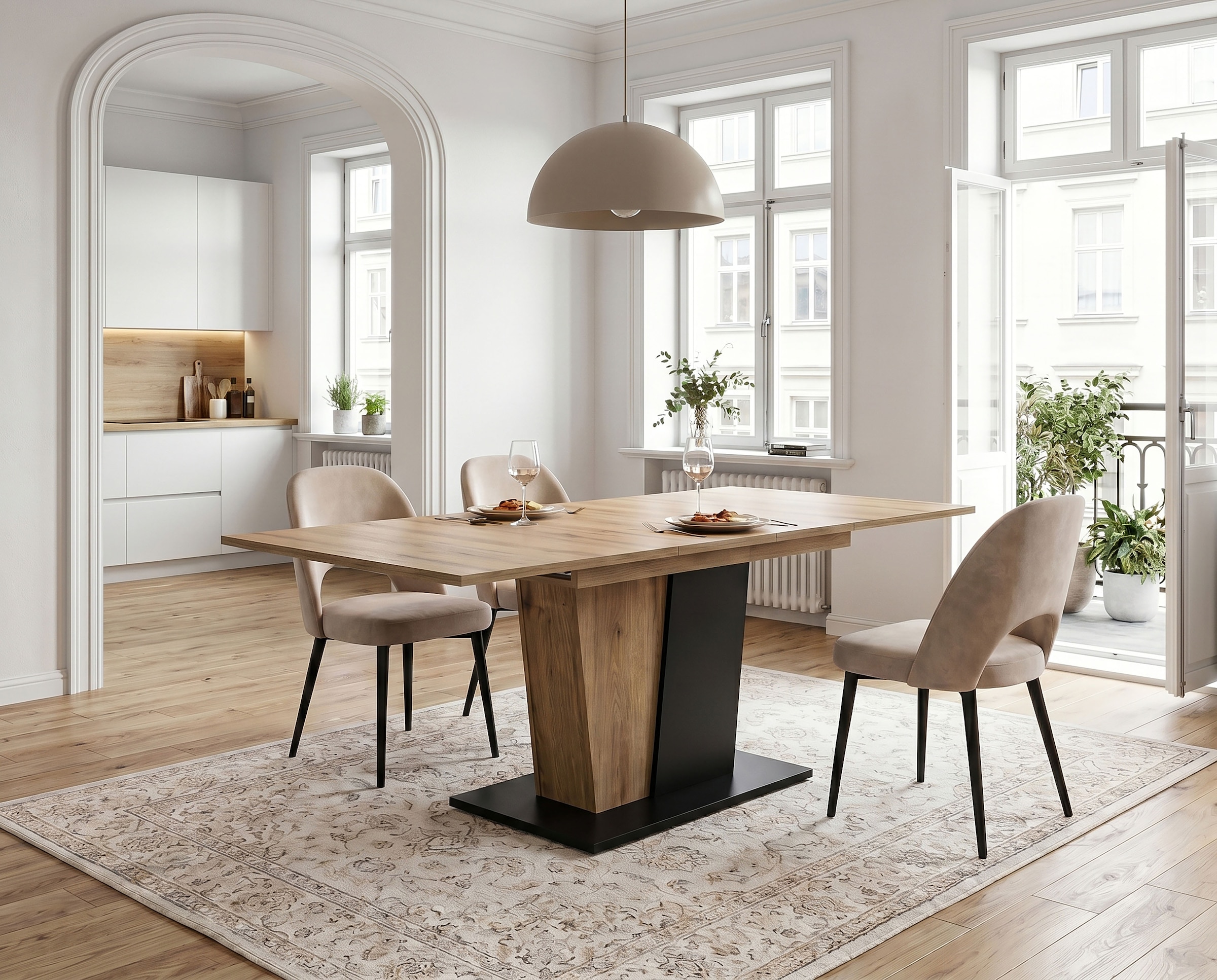 OTTO home Esstisch »MONOLITH, ausziehbar 150 -230 cm, inklusive 2x 40 cm Einlegeplatte« V-Gestell mit Bodenplatte, Tisch, Küchentisch, Esszimmer, Küche