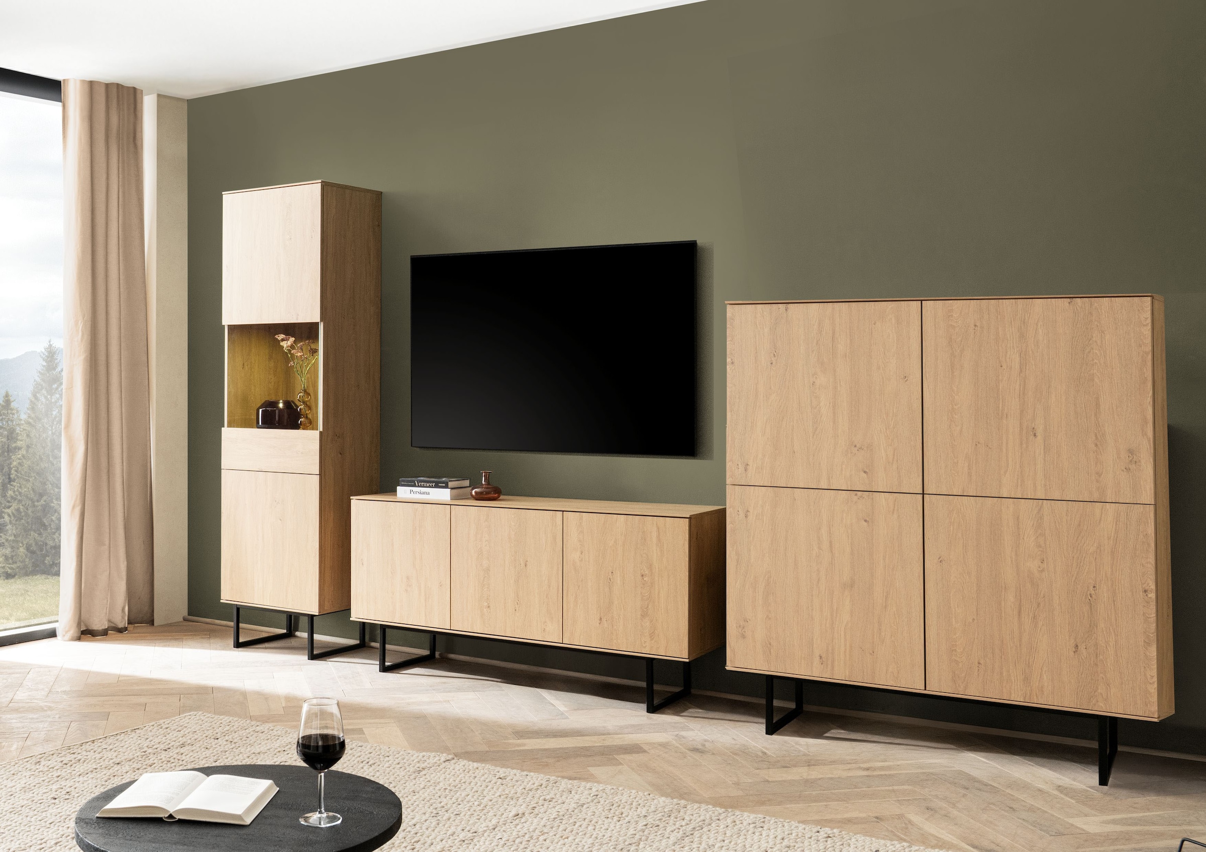 Home affaire Wohnwand »Lund, moderne Anbauwand, Wohnzimmer-Set in Stone Oak«, (3 St.), enthält Vitrine, Lowboard und Highboard
