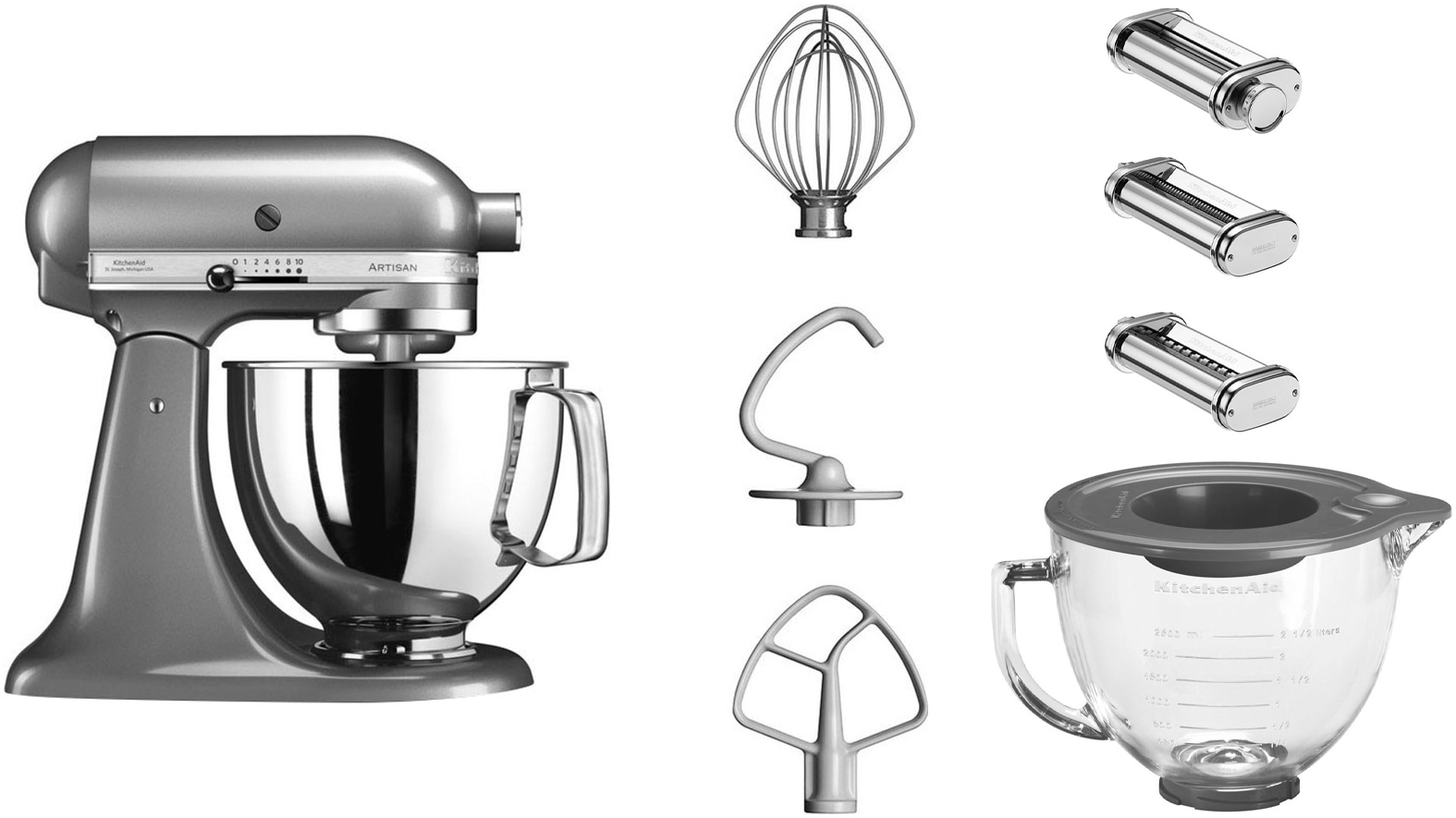 Kitchenaid Küchenmaschine »5KSM125EOB« mit Gratis Glasschüssel+3 Nudelvorsätzen in silberfarben