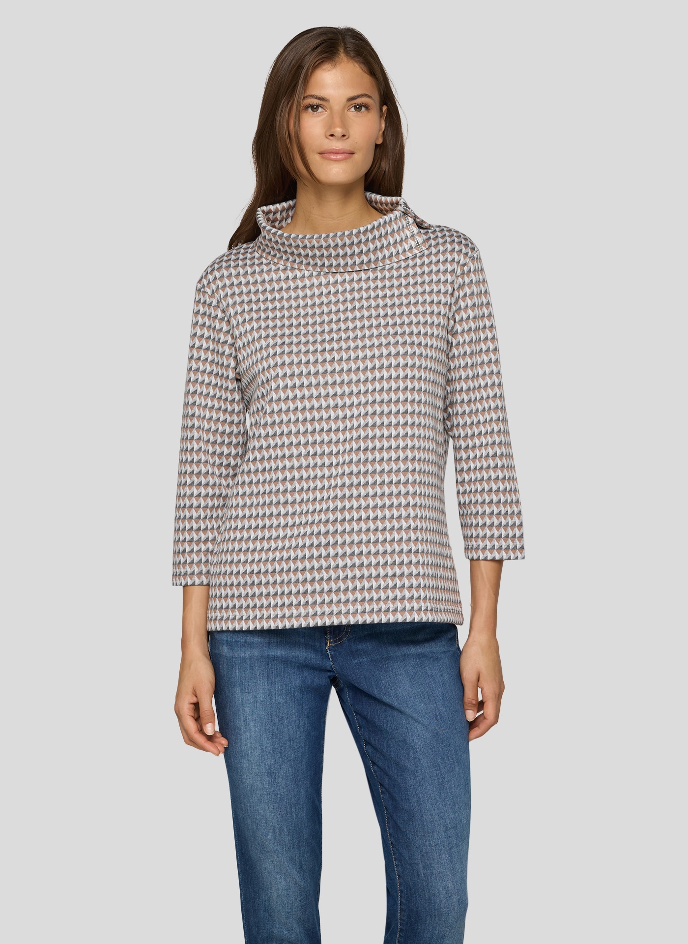 Rabe Damen 3/4-Arm-Shirt mit grafischem Muster und Schalkragen mit Glitzersteinen in braun, Größe 50