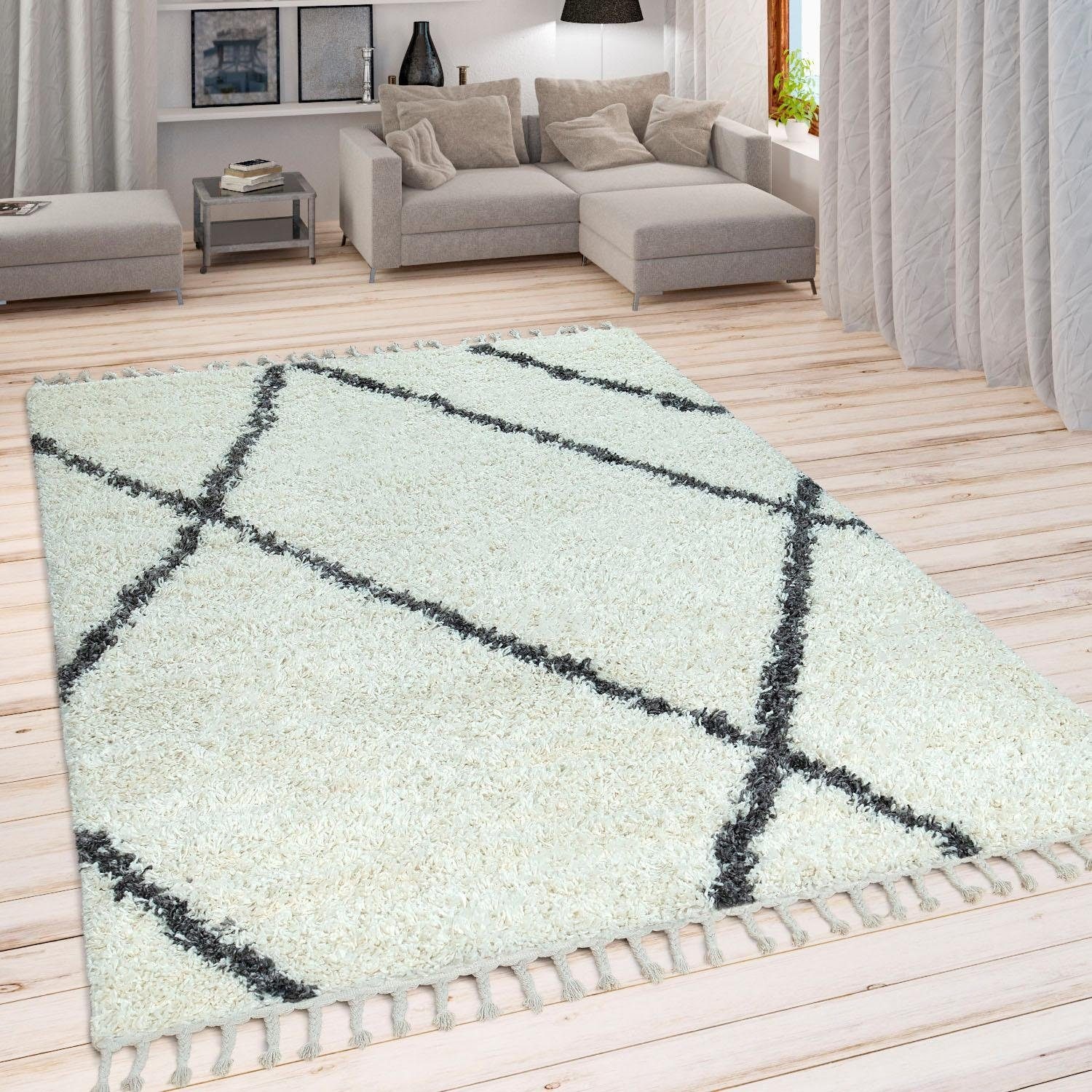 Paco Home Hochflor-Teppich »Helsinki 531« rechteckig 45 mm Höhe weicher Hochflor-Shaggy, Scandi Design, mit Fransen