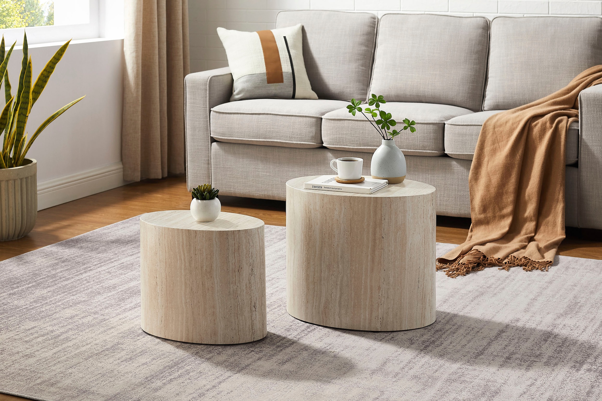 SalesFever Couchtisch »Almeria Beistelltisch«, (Set, 2 St., 2er Set), oval, in Travertinoptik