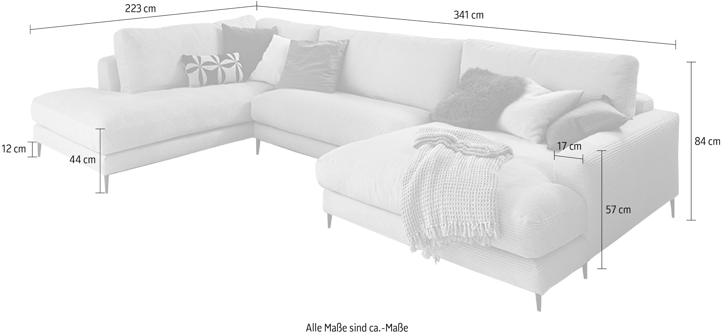 INOSIGN Wohnlandschaft »Downtown XXL B/T/H: 341/223/84 cm Loungemöbel zum Relaxen«, weicher Sitzkomfort, Cord-Bezug, weicher Sitzkomfort U-Form