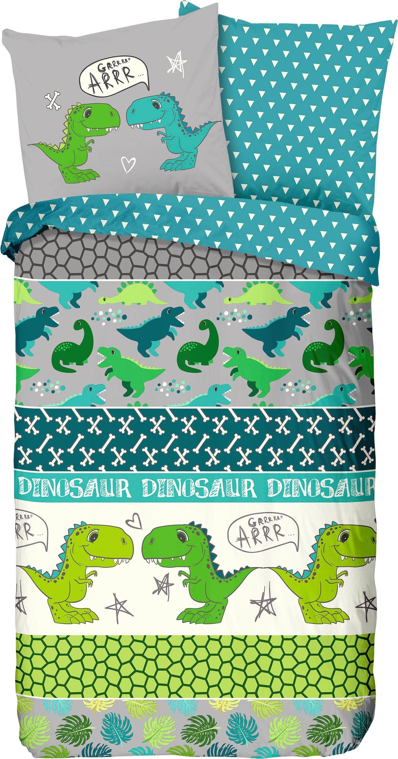 good morning Kinderbettwäsche »Dinosaur«, Baumwolle, 135x200, Reißverschluss, Wendeoptik, Kind, Junge, Dino Grün