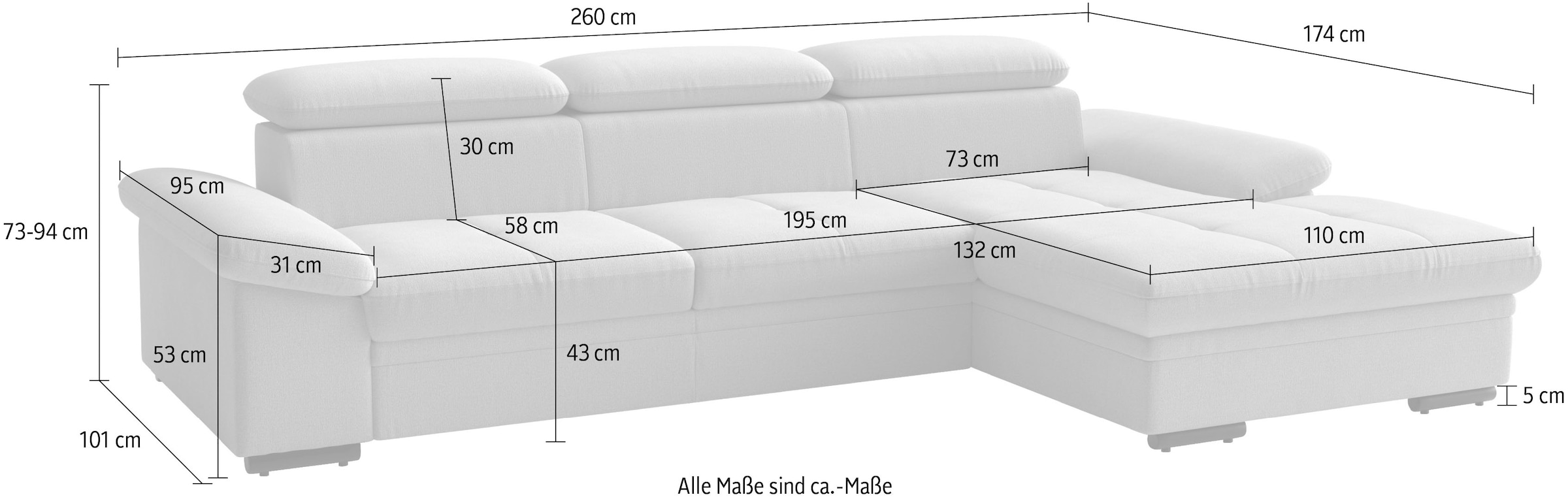 sit&more Ecksofa »Viola, L-Form, B: 260 cm« optional Bettfunktion,inkl Armteil- & Kopfteilverstellung