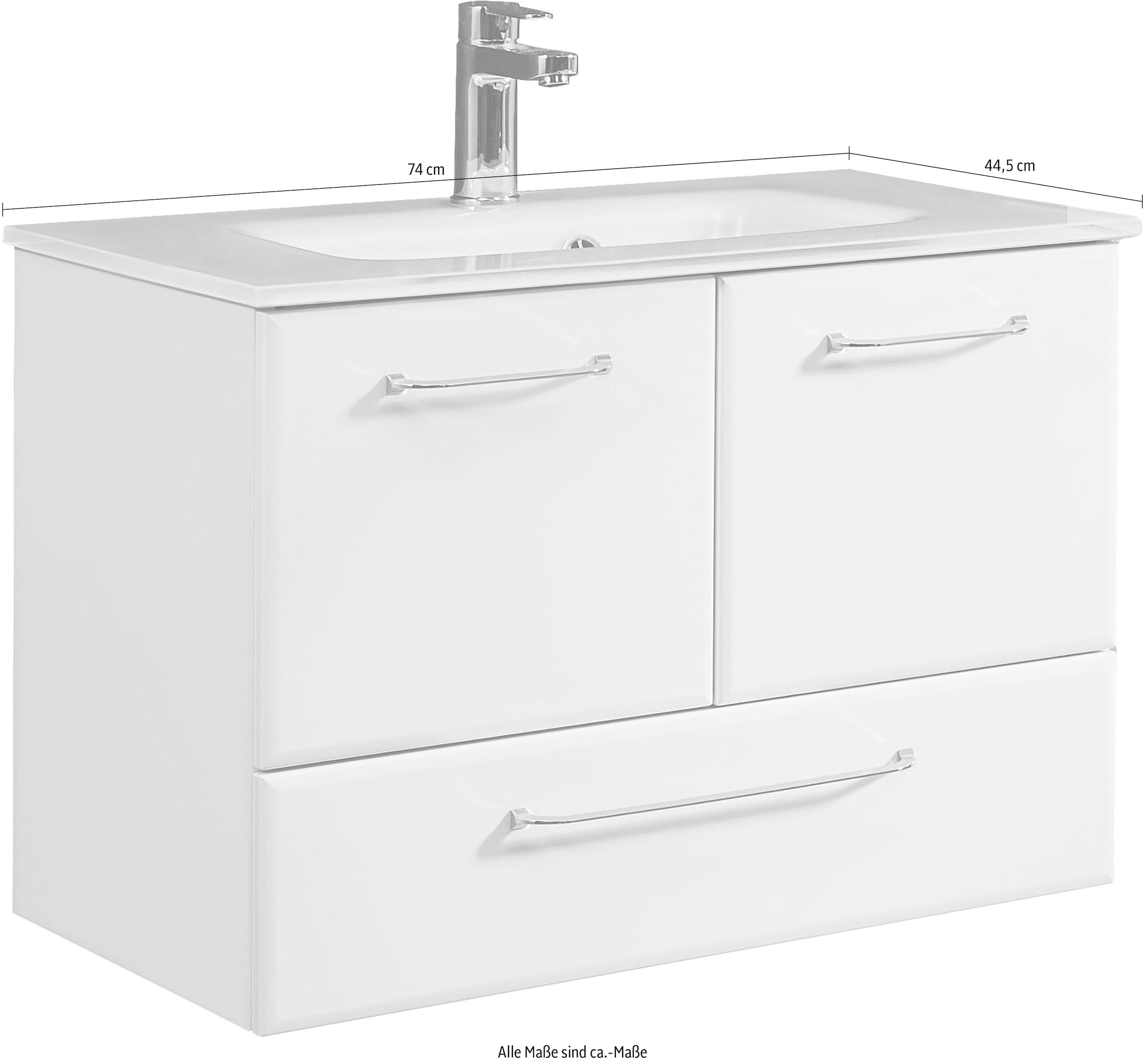 Saphir Waschtisch »Quickset Glaswaschtisch mit Unterschrank, 74 cm breit, Waschplatz«, Griffe in Chrom Glanz, inkl. Türdämpfer, 2 Türen, 1 Schublade