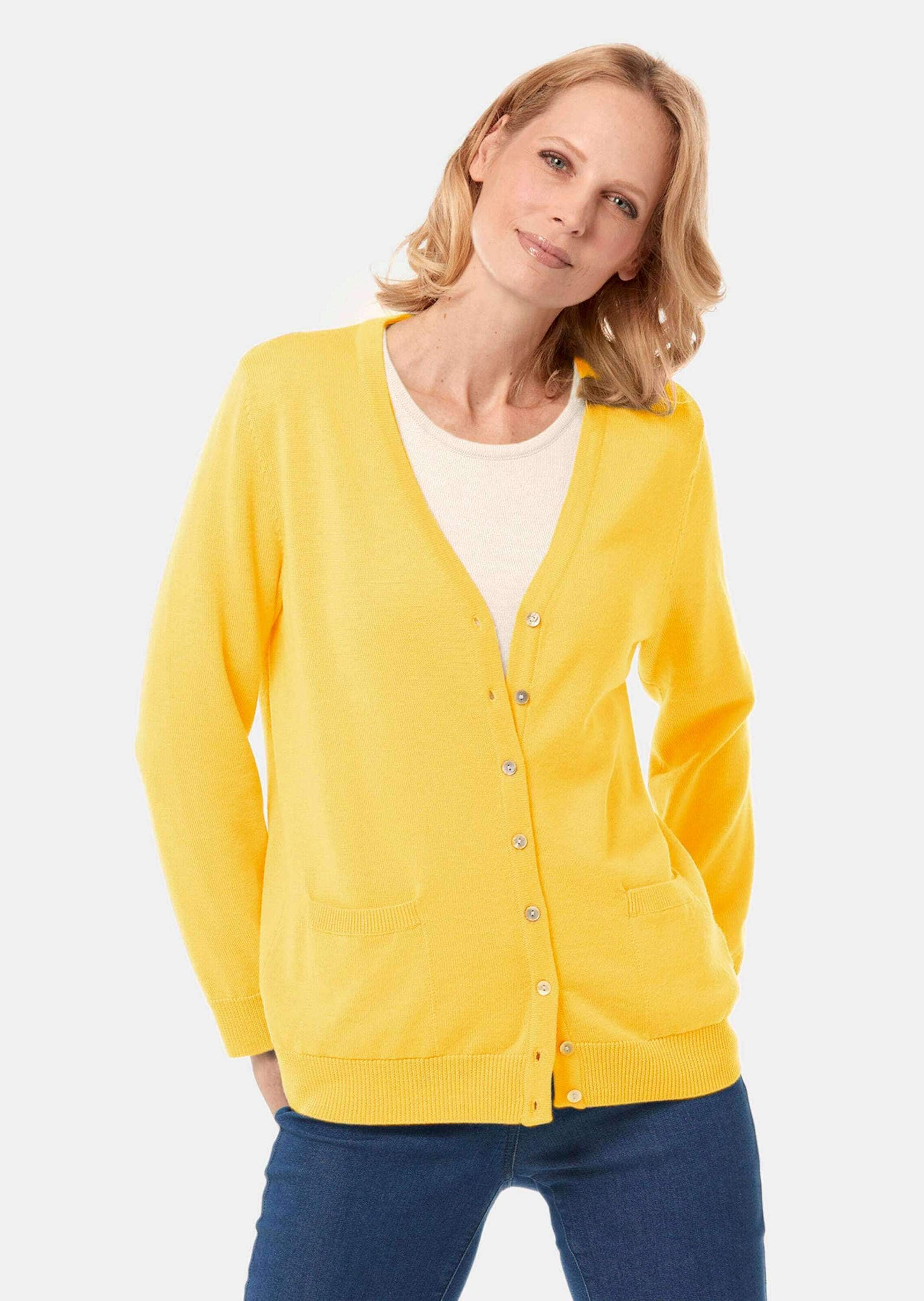 GOLDNER Strickjacke »Kurzgröße Uni Merino-Cardigan Langarm« Rippenbündchen