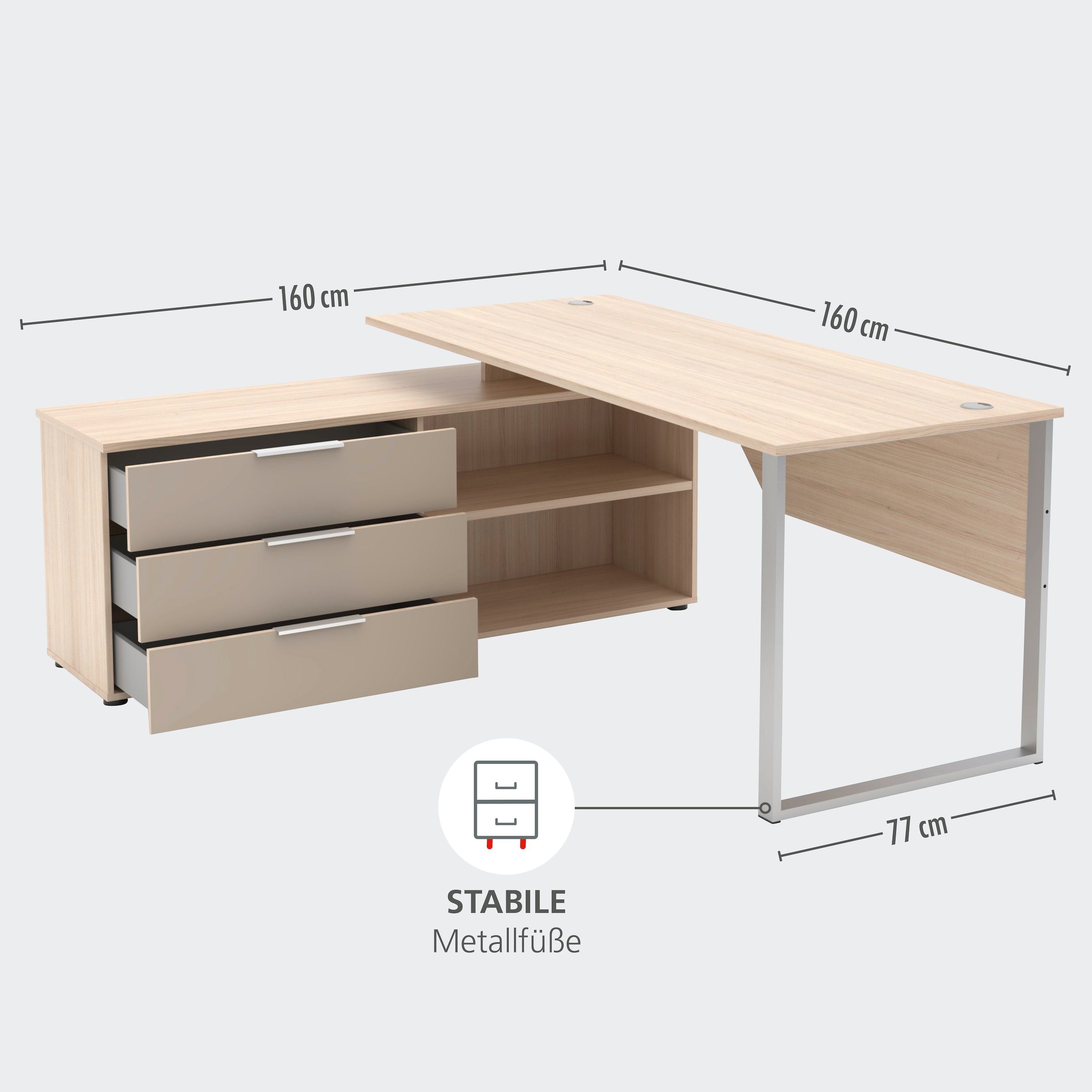 Innostyle Schreibtisch »Schreibtisch Santorin, 180/77/160 cm ( B/H/T)« 1 Stk. tlg. Tischplatten: kratzfest und wasserfest, 3 Schubladen, 2 Fächer